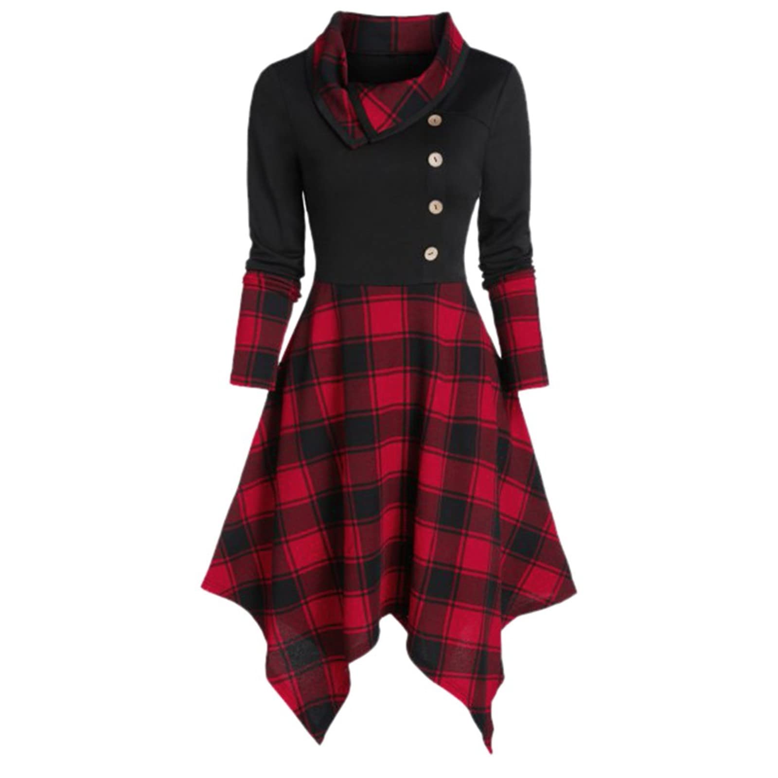 Women's Retro Plaid A-Line Midi Dress with Long Sleeves & Button Details - Vintage Inspired Swing Dress for Spring Fall Casual Wear | Perfect for Office, Date Night & Weekend Outings