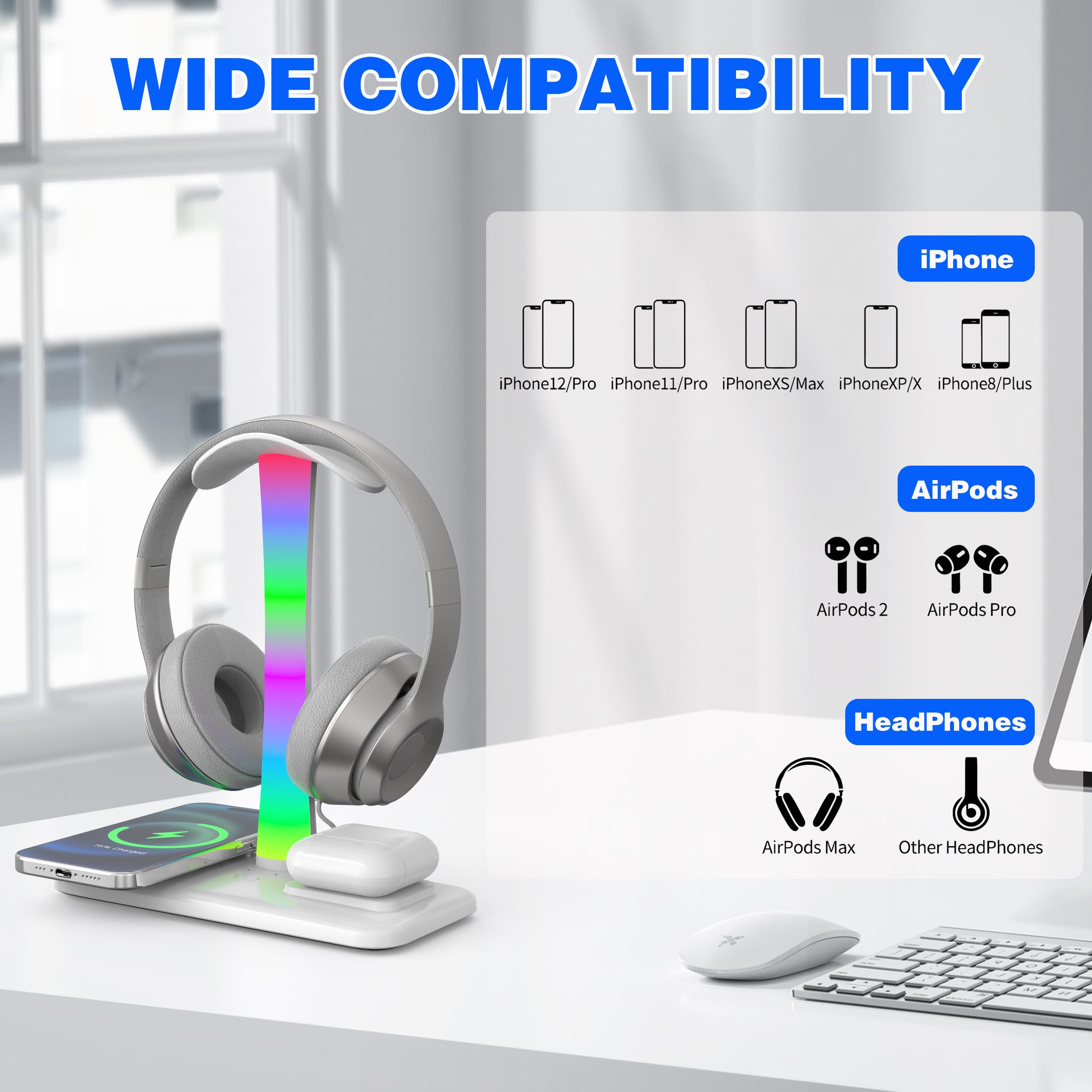 5 in 1 Wireless Charging Headphone Stand - 15W Fast Charging Station for iPhone 15/14/13/12/11/XS/XR/X, AirPods 3/2/Pro/2 - Desk Gaming Headset Holder with LED Light (White) - Perfect for Home Office, Gaming Setup & Nightstand Charging
