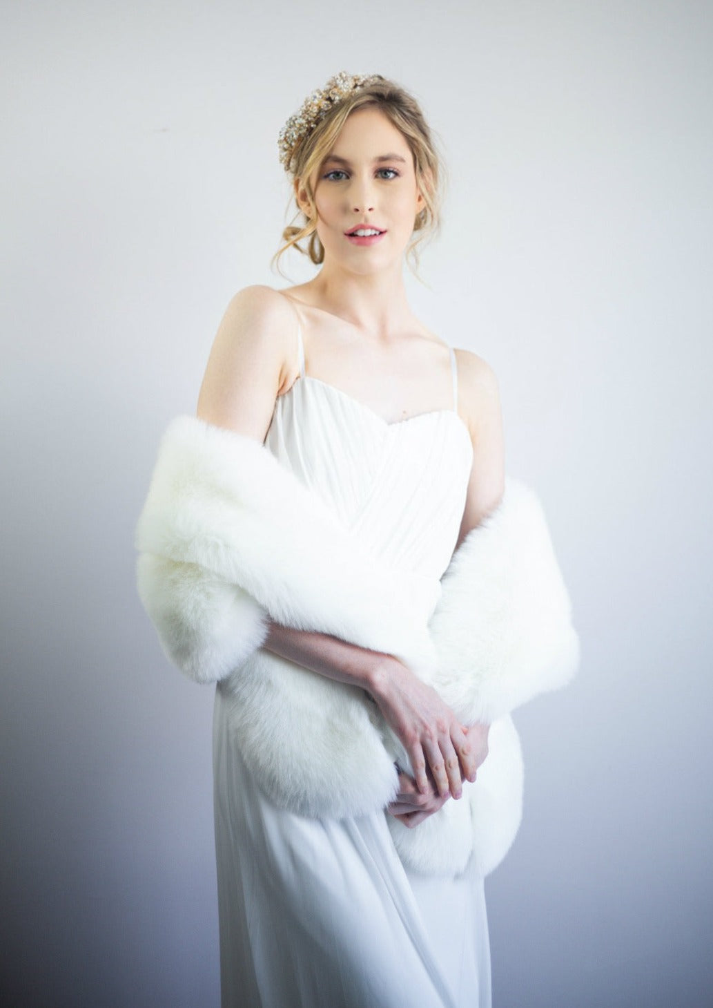 Elegant Pure Ivory Fur Shawl for Brides - Celia Wht01 | Perfect for Weddings, Photo Shoots & Formal Events