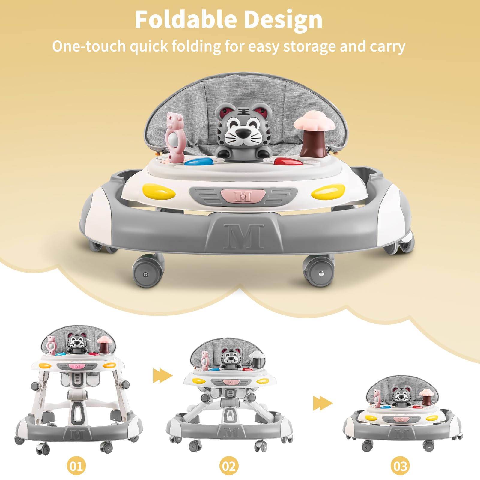 5-in-1 Adjustable Baby Walker with Wheels & Music Toys - Foldable Infant Activity Center for Boys & Girls 6-24 Months (Grey) - Perfect for Learning to Walk, Playtime & Early Development at Home