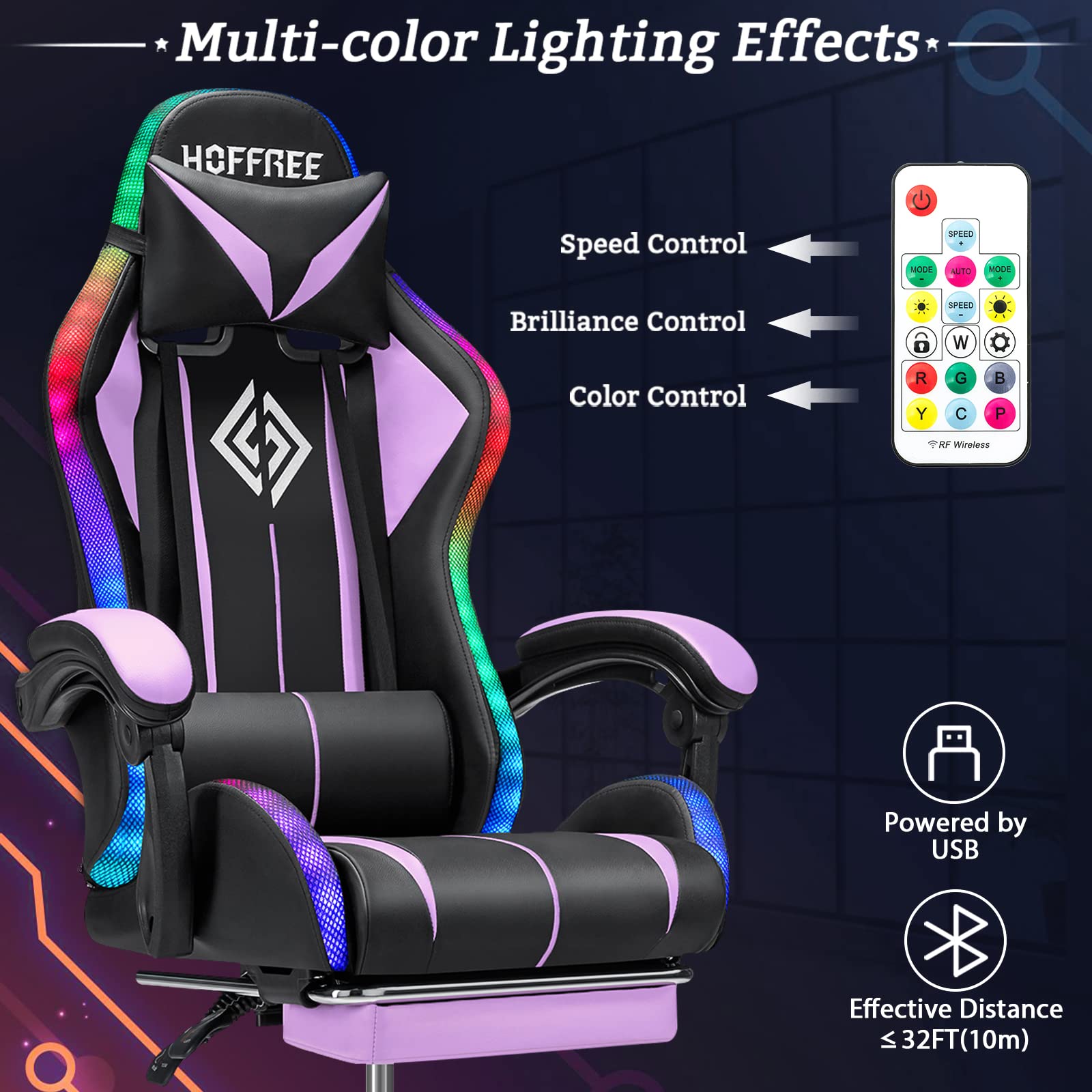 Ergonomic Gaming Chair with Bluetooth Speakers, LED RGB Lights & Massage - High Back Computer Chair with Adjustable Footrest & Lumbar Support (Purple/Black) - Perfect for PC Gaming, Streaming & Home Office Setup