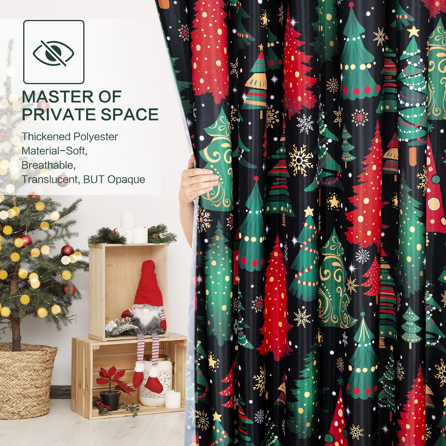 Christmas Shower Curtain Set - Waterproof Red & Green Holiday Shower Curtain with Snowflake and Tree Design - Polyester Fabric, Machine Washable - Perfect for Farmhouse, Bathroom, and Home Decor During Christmas Season