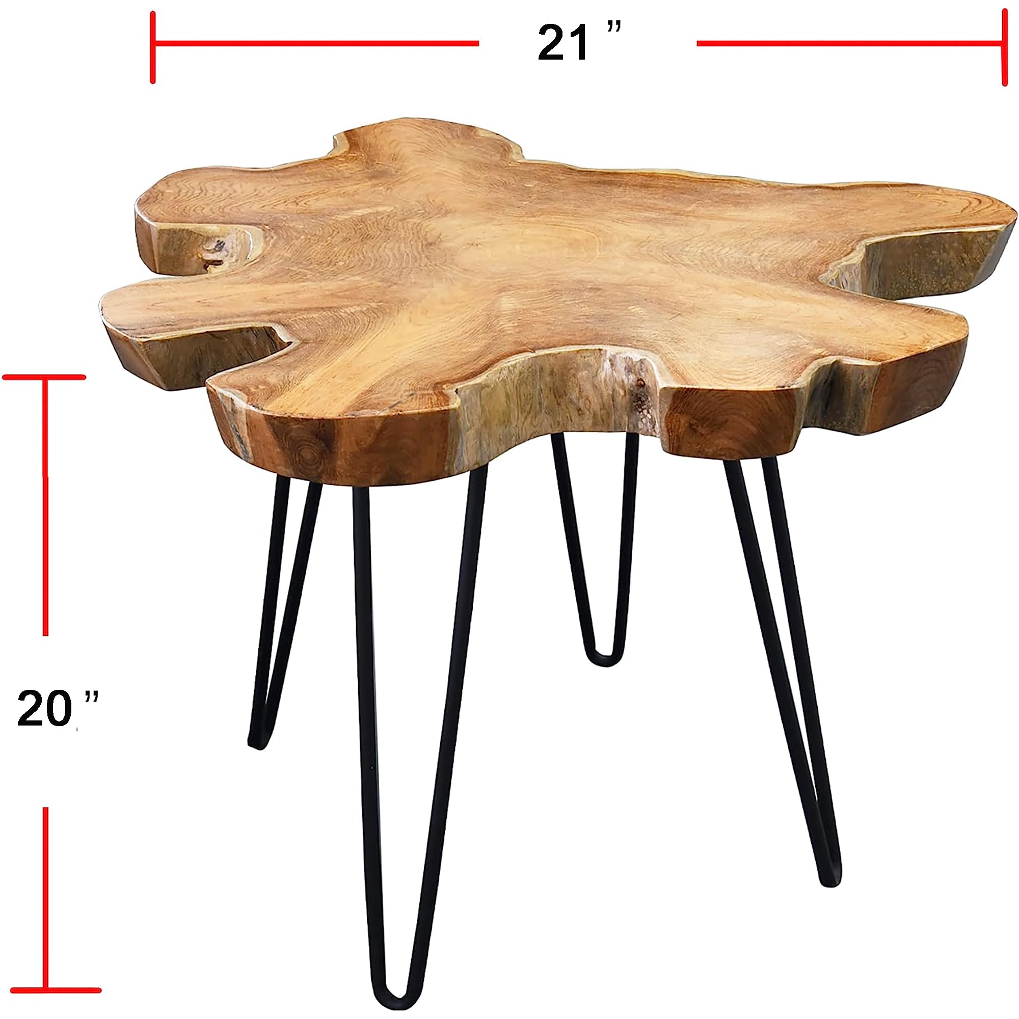 OMA Solid Teak Wood End Table with Live Natural Edge - Modern Rustic Accent Table for Living Room, Bedroom & Home Decor - Sturdy Hairpin Legs, Large Size - Perfect for Coffee Table Companion or Nightstand