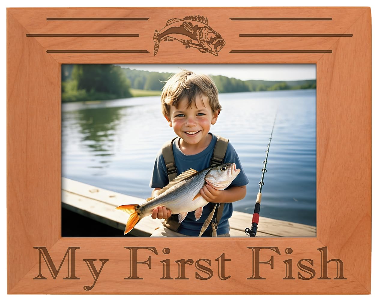 ThisWear Wood Engraved 5x7 Landscape Fish Photo Frame - Perfect First Fish Picture Frame & Unique Fishing Gift for Anglers - Great for Home Decor, Office Display, or Cabin Wall Art