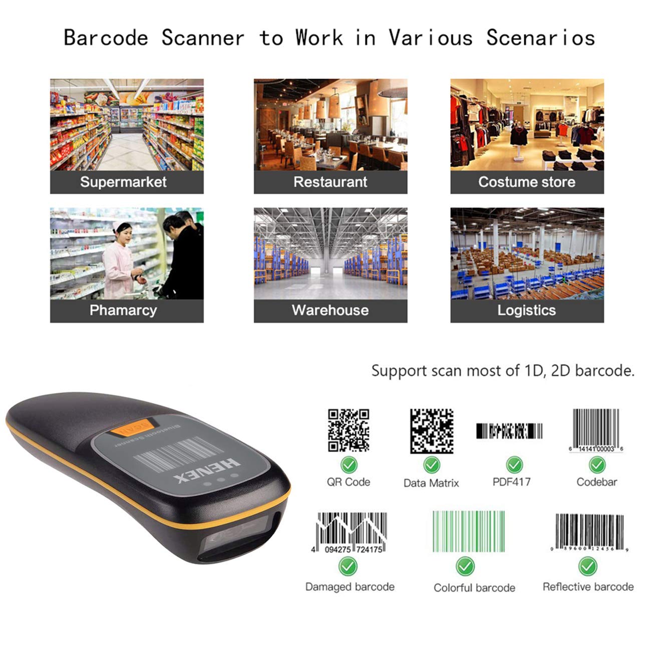 Mini Bluetooth Barcode Scanner - Wireless 2.4G Portable 3-in-1 Barcode Reader for 1D & 2D QR Codes with Offline Storage & Upload Function (Black) - Ideal for Retail, Warehouse, Inventory Management & Mobile POS Systems