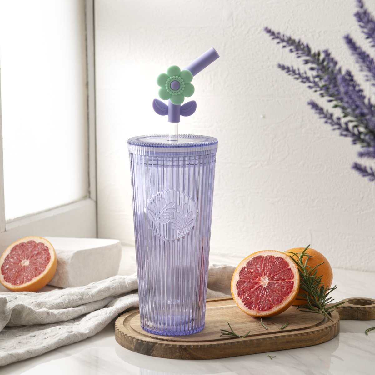 26oz Insulated Tumbler with Straw & Leak-Proof Lid - Cute Flower Silicone Straw Tips in Botanica Purple | Perfect for Iced Coffee, Smoothies & Outdoor Activities
