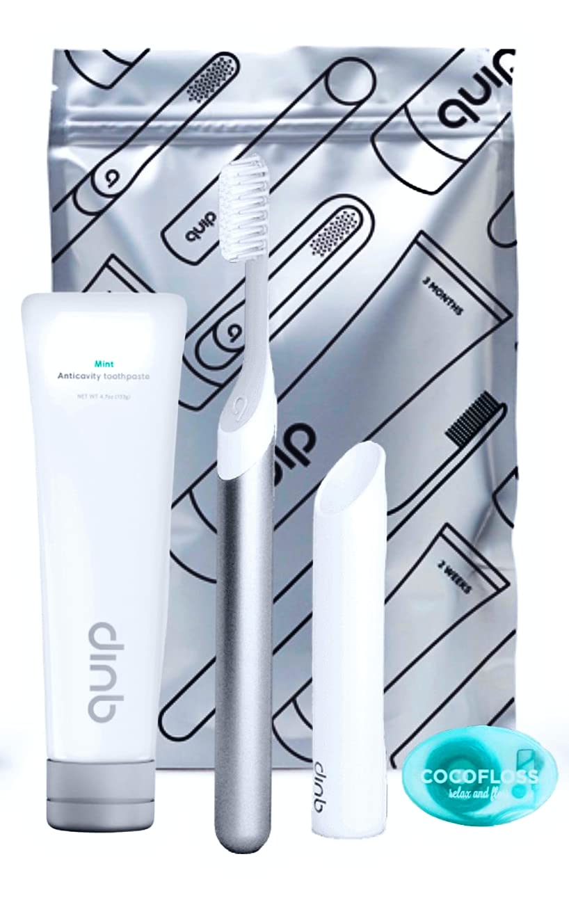 Quip Silver Metal Electric Toothbrush with Travel Cover & Mint Toothpaste - Rechargeable Battery, Gentle Cleaning for Sensitive Teeth - Perfect for Travel, Home & Daily Oral Care