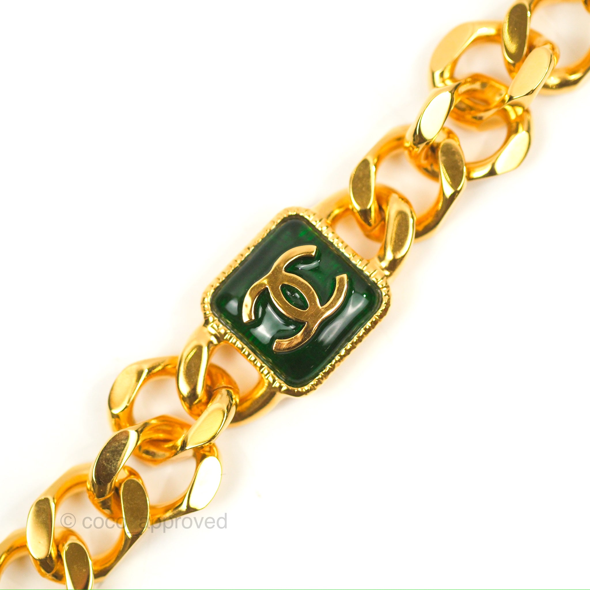 Chanel Chain CC Green Resin Bracelet in Gold Tone 20K - Elegant Fashion Jewelry for Women, Perfect for Parties, Weddings & Special Occasions