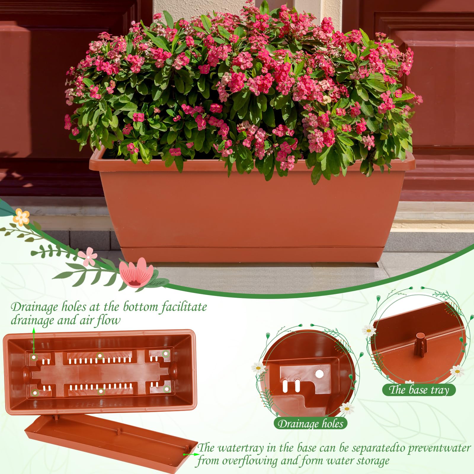 12Pcs 17-Inch Rectangle Plastic Planter Box with Drainage Holes & Trays - Indoor Outdoor Flower Pots for Plants, Patio, Garden, Home Decor, Porch, Yard - Perfect for Herbs, Succulents, Flowers & Vegetable Gardening (Red)