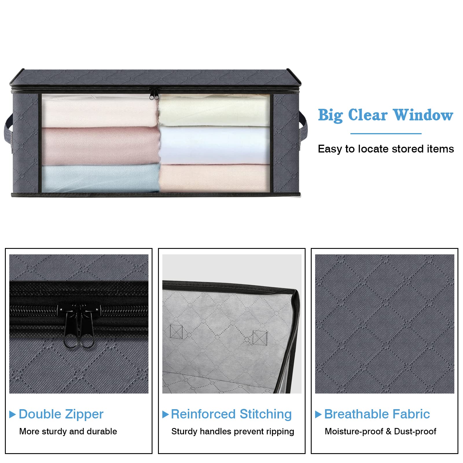 HomeHacks 3-Pack Foldable Storage Bags with Clear Window & Sturdy Handles - 35L Gray Clothes Organizer for Closet, Dorm, Bedding & Blankets | Space-Saving Solution for Seasonal Storage & Travel Packing