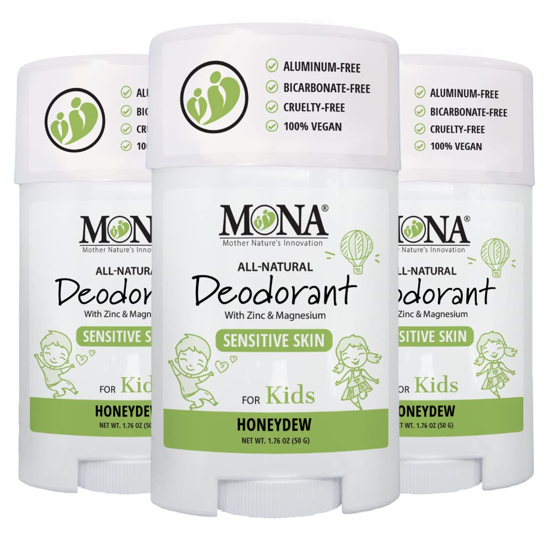 MONA All Natural Kids Deodorant - Vegan, Hypoallergenic, Baking Soda Free, Aluminum Free, No Synthetic Fragrances - Safe for Sensitive Skin (3-Pack Honeydew Scent, 1.76 Oz Each) | Perfect for School, Sports & Daily Activities