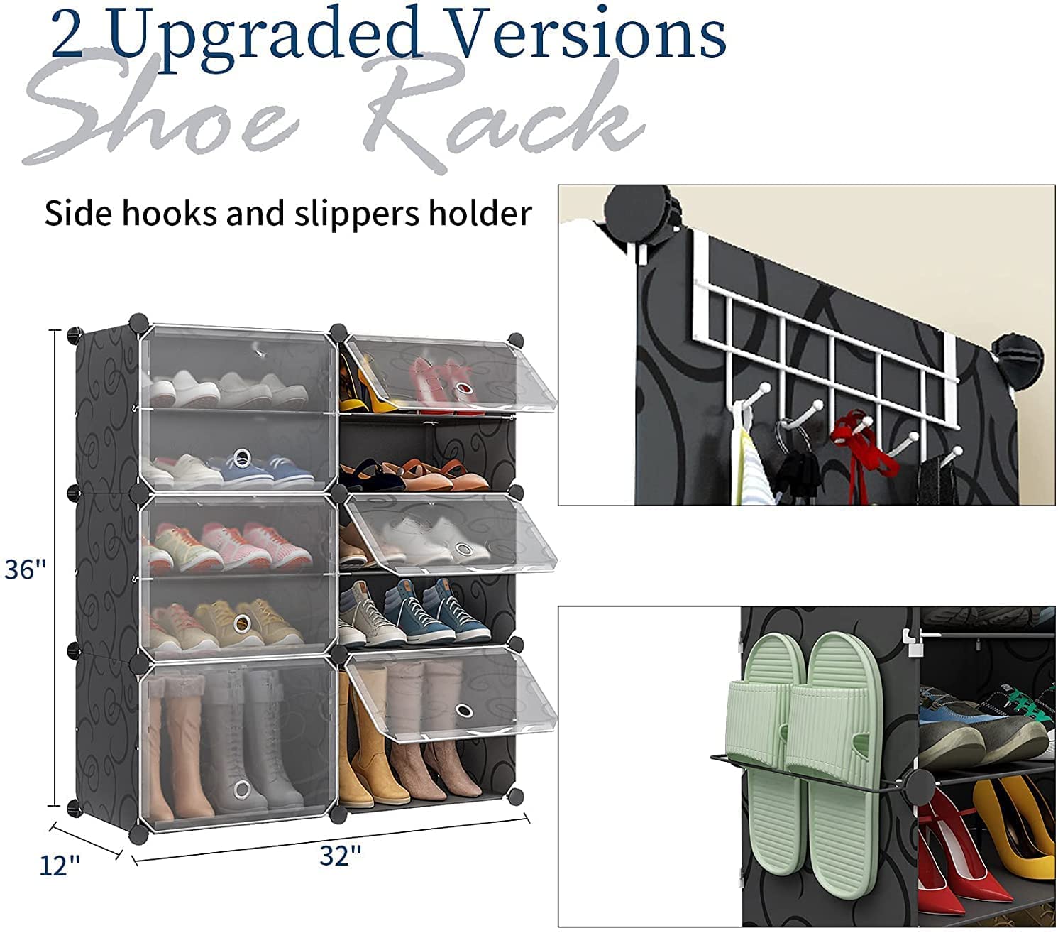 Aeitc 100 Pairs Expandable Shoe Rack Organizer - Space Saving Stackable Shoe Storage Cabinet with Hooks & Side Shelf for Entryway, Closet, Bedroom - Black | Perfect for Small Spaces & Home Organization
