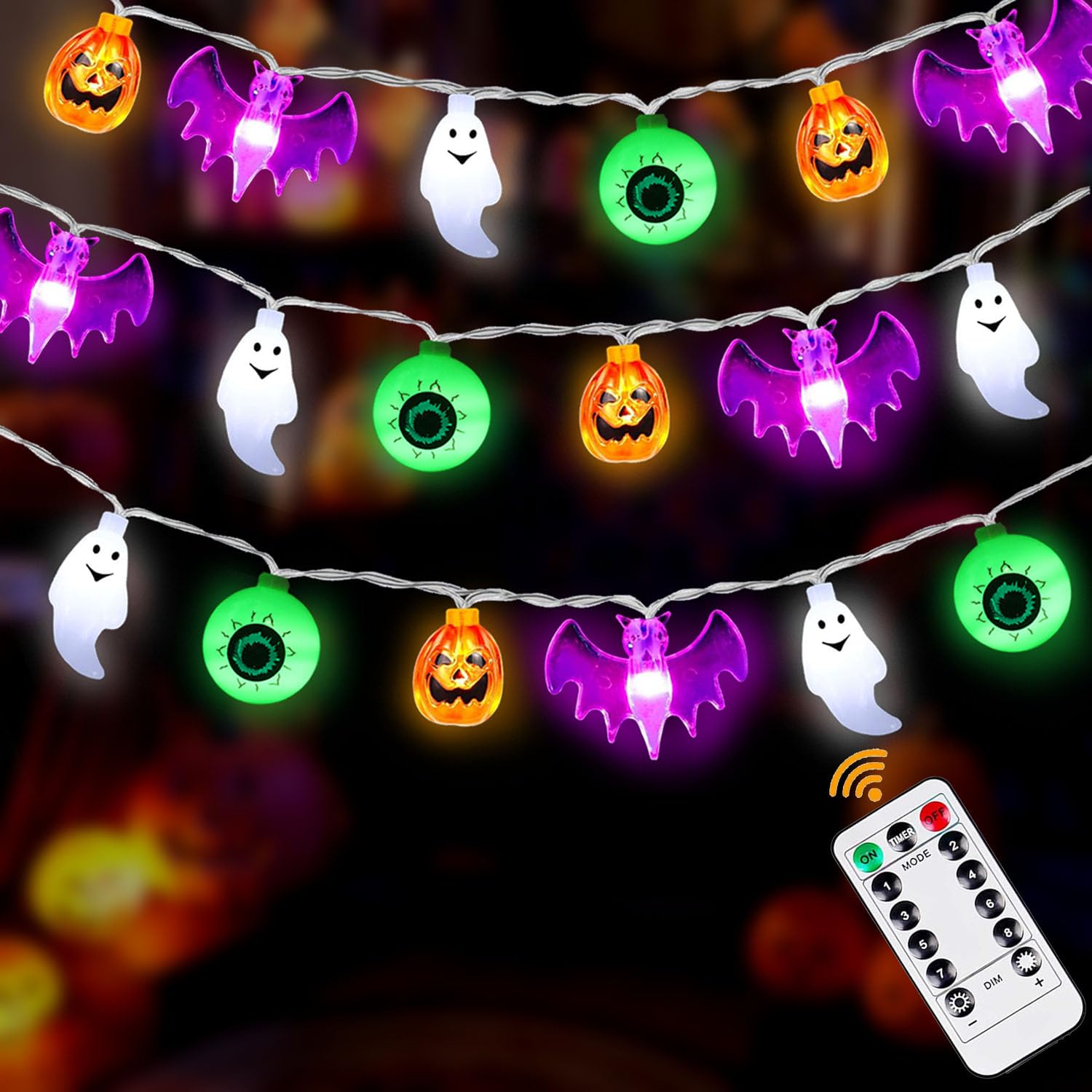 50LED Pumpkin Bat Ghost Eyeball Battery Operated String Lights - Waterproof Fairy Lights for Halloween Party, Home Window, Porch, Gate Decor - Indoor & Outdoor Halloween, Christmas, Garden, Wedding Decorations