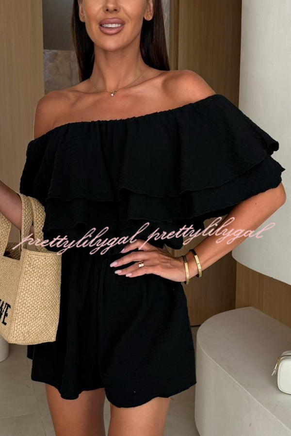 Solid Color Off Shoulder Ruffled Casual Waist Rompers for Women - Summer Beach Party Outfit & Vacation Jumpsuit