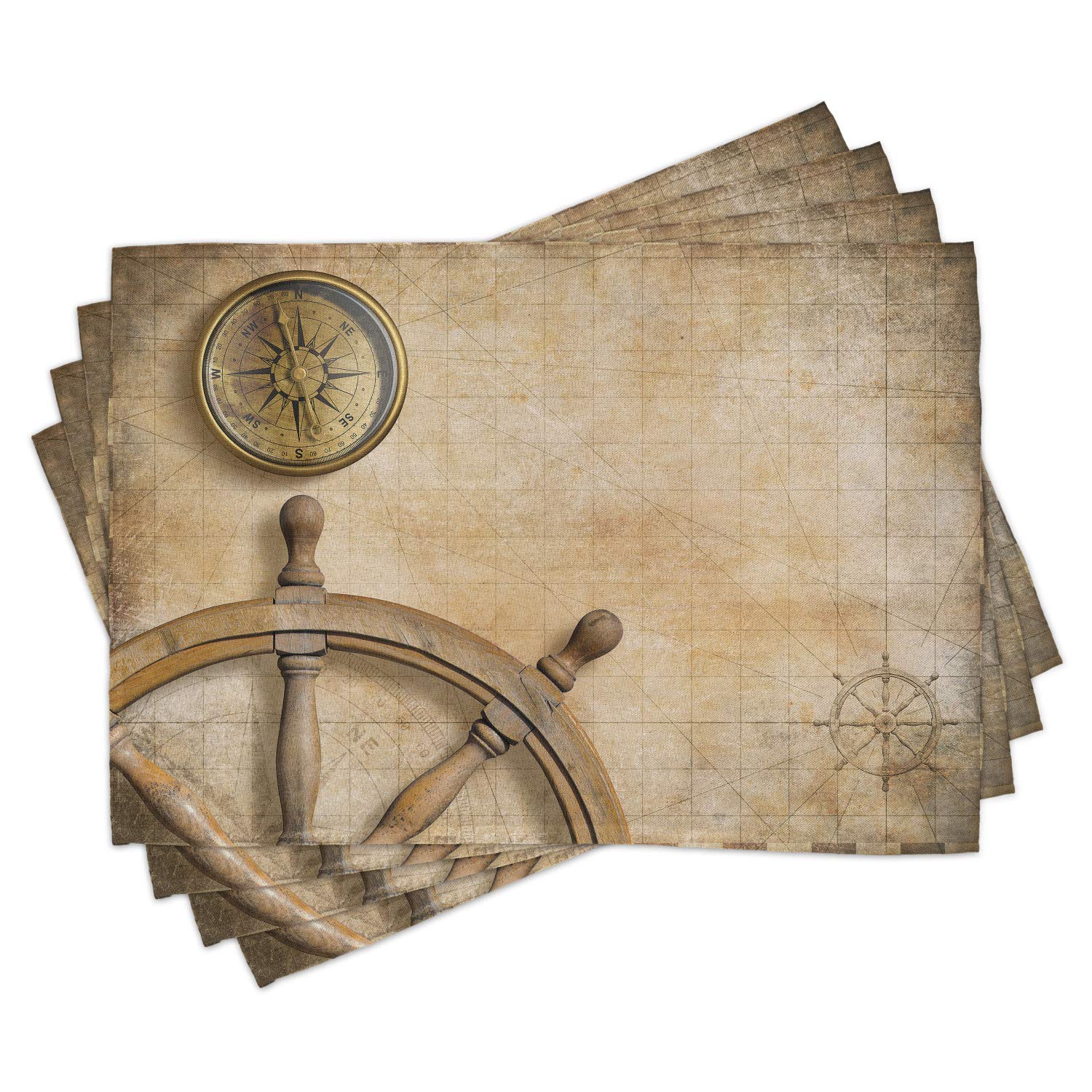 Ambesonne Nautical Place Mats Set of 4 - Vintage Steering Wheel Compass & Treasure Map Design - Washable Fabric Table Mats for Dining Room Decor - Standard Size Beige - Perfect for Beach House, Coastal Theme Parties & Nautical Home Decor