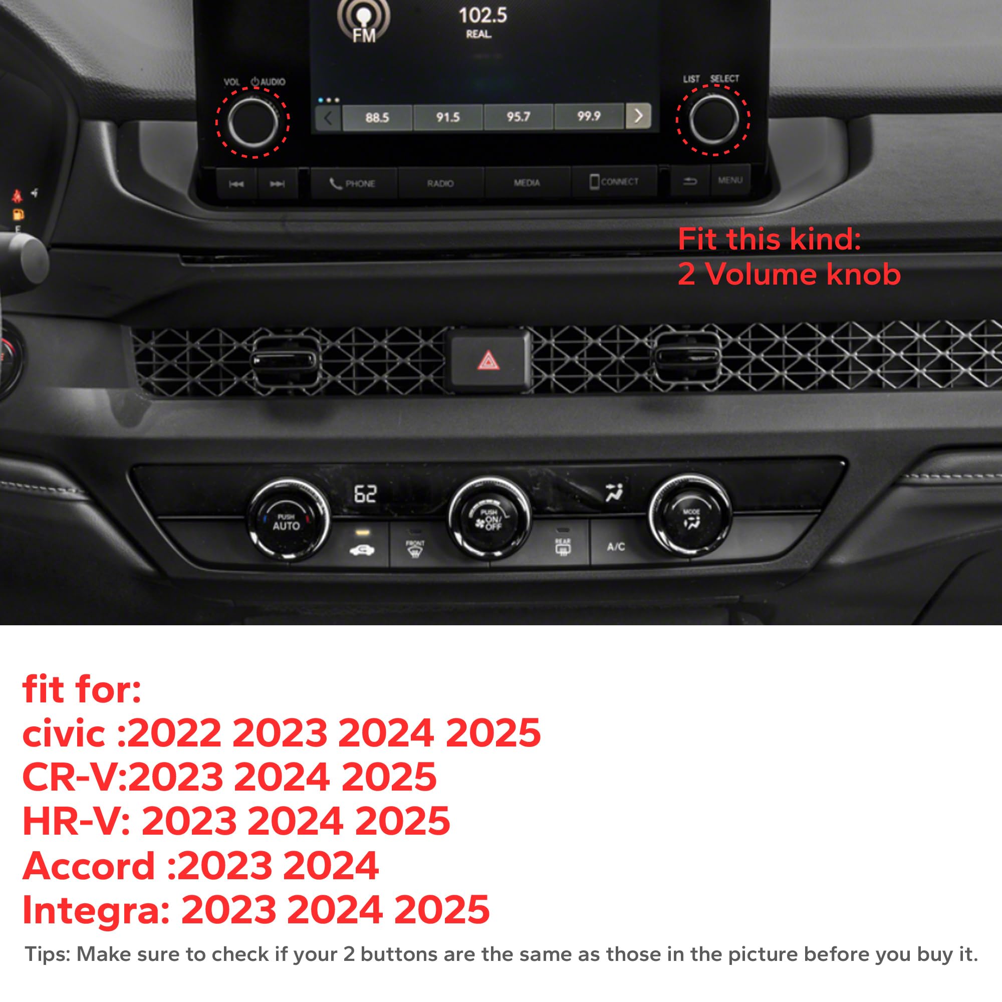 2022-2025 Honda Accord/HRV/CRV/Civic Interior Accessories Kit - 8pcs AC Knob Cover, Volume Control, Warning Lights & Push Start Button Trim Ring (Red) | Car Dashboard Decoration & Protection