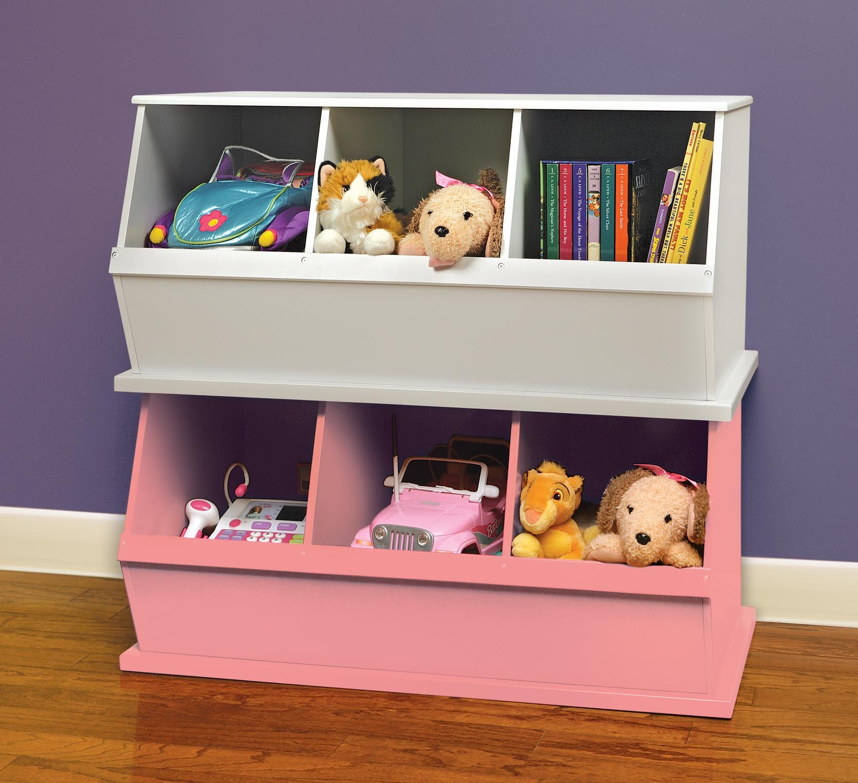 Badger Basket Three Bin Stackable Toy Storage Organizer with Removable Bins - Pink Nursery, Kids Room & Playroom Organization Solution