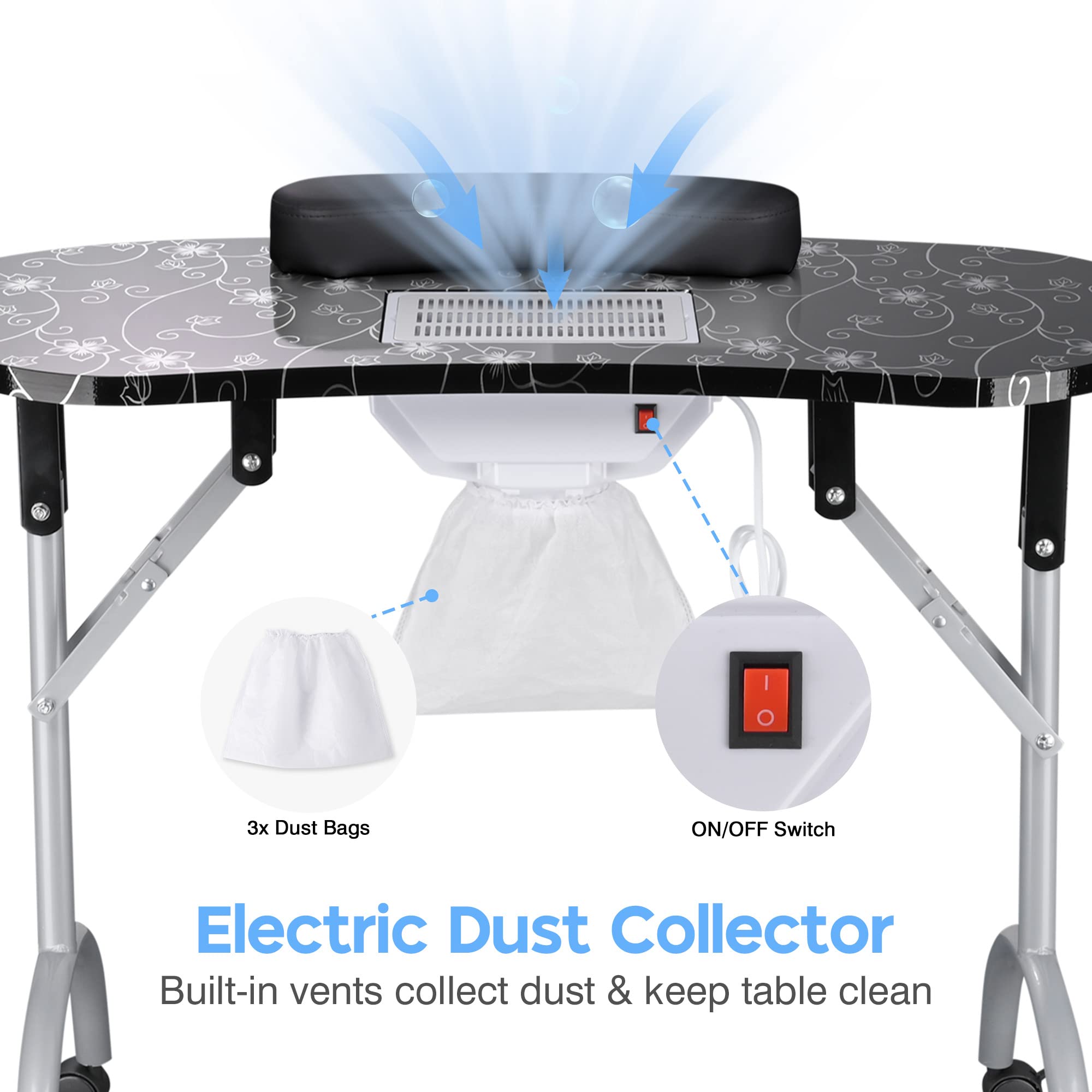 BYOOTIQUE Portable Folding Nail Table with Built-in Dust Collector & Lockable Wheels - Professional Manicure Station for Nail Techs, Tattoo Artists & Beauty Salons - Includes Carry Bag - Perfect for Spa, Home Salon & Mobile Nail Services (Black)