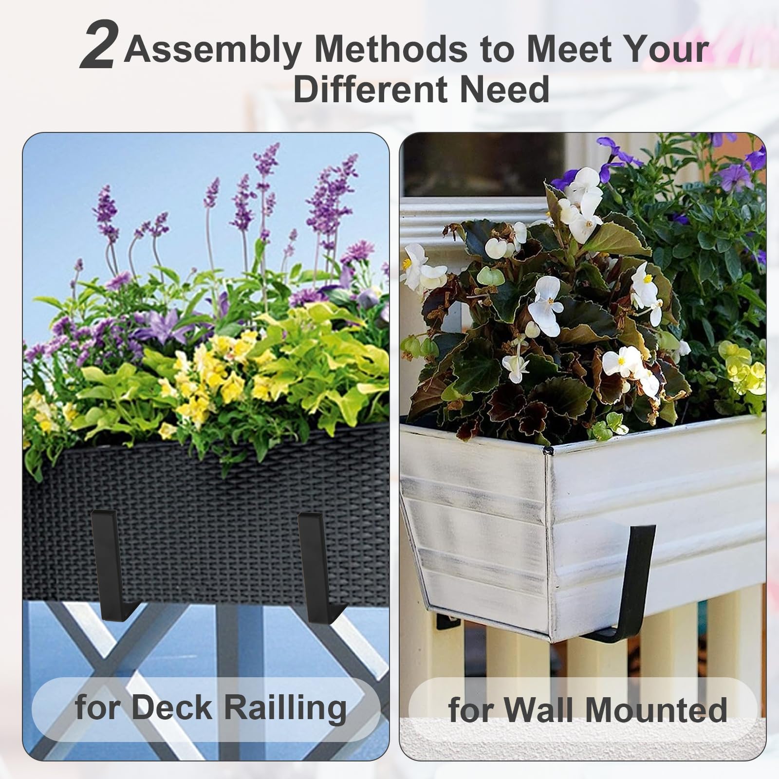 2 Pack Heavy Duty Adjustable Planter Box Brackets for Deck Railing - 6-12.5 Inch Window Box Holders for Brick Sill, Fence & Balcony - Outdoor Garden Flower Pot Hangers for Patio, Porch & Backyard Decor (Black)