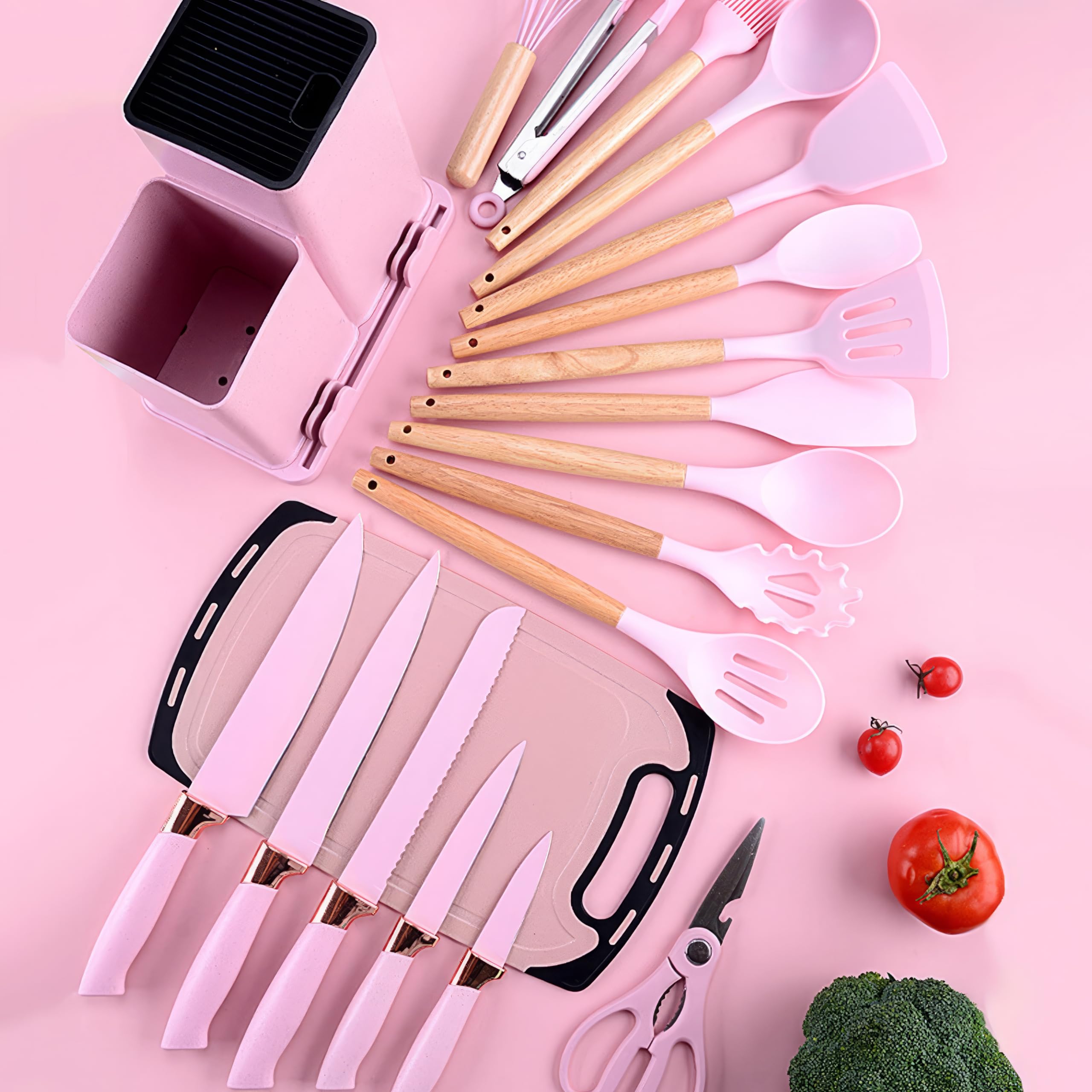19-Piece Silicone Cooking Utensil Set with Wooden Handle - Non-Stick Heat Resistant Kitchen Tools for Baking & Cooking (Pink)