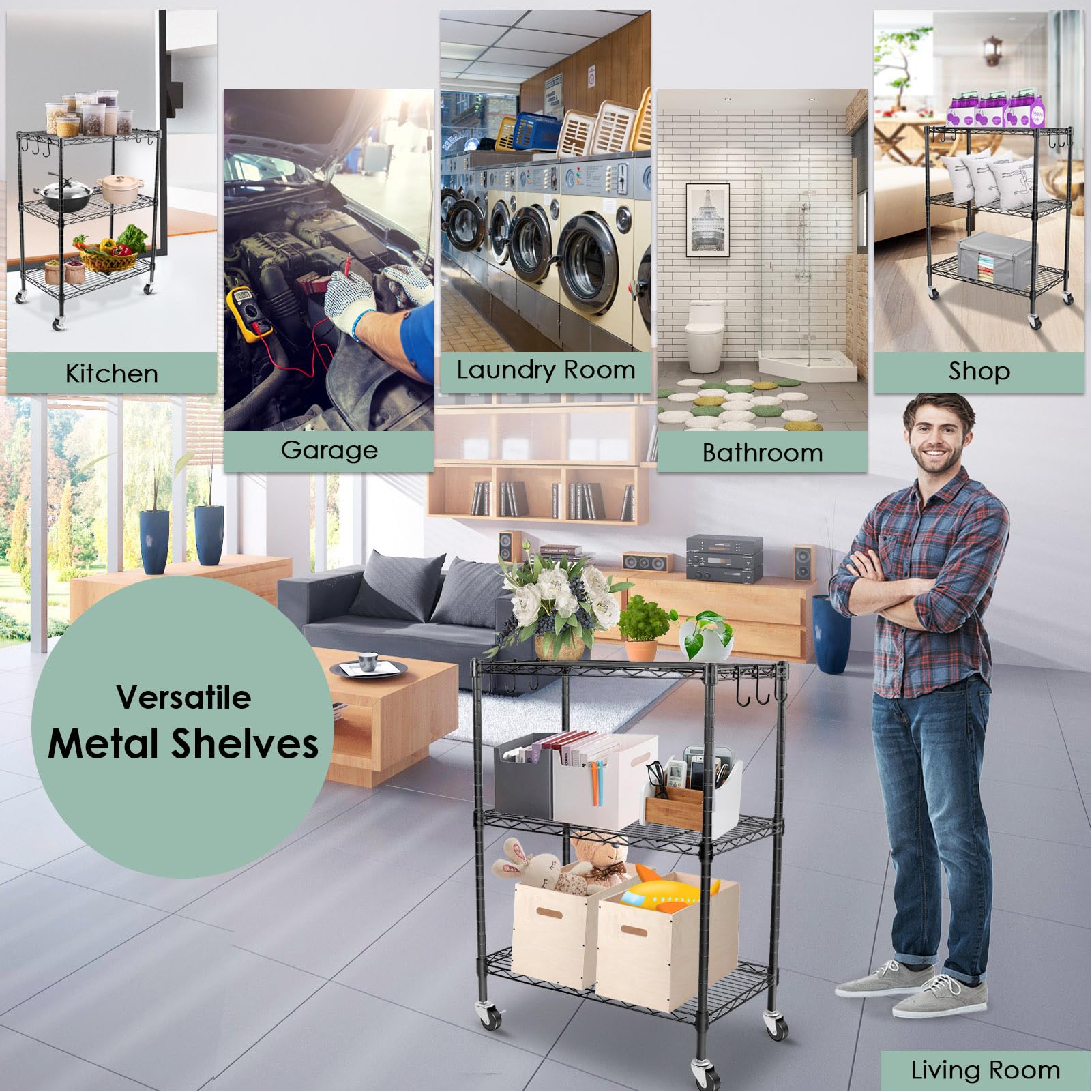 3-Tier Heavy Duty Metal Storage Shelves - Adjustable Wire Rack Shelving Unit with Wheels, 23.4