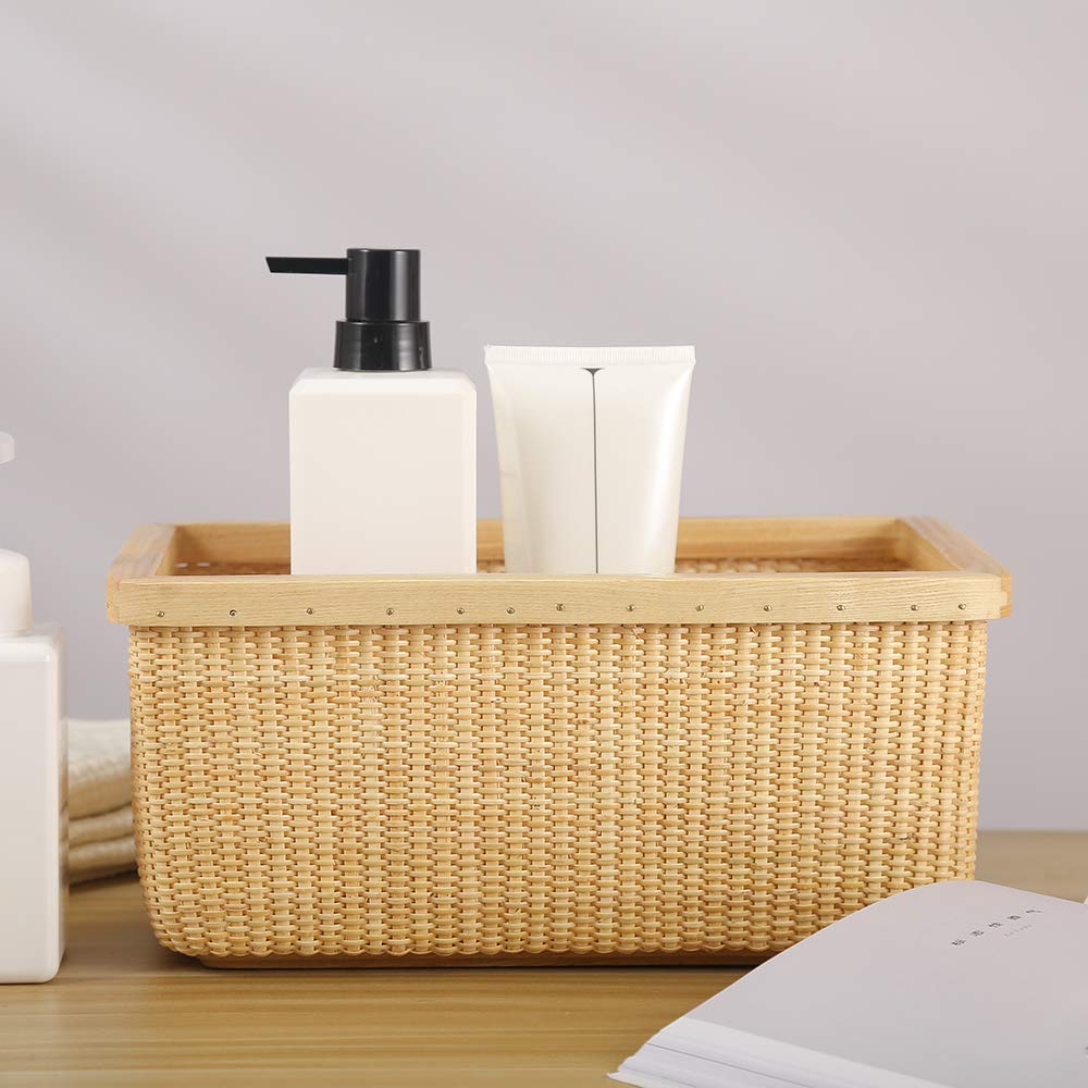 Modern Rattan & Solid Wood Storage Basket - Square Woven Jewelry Box, Fruit Basket for Dining Table & Living Room Decor | Perfect for Home Organization & Stylish Decor