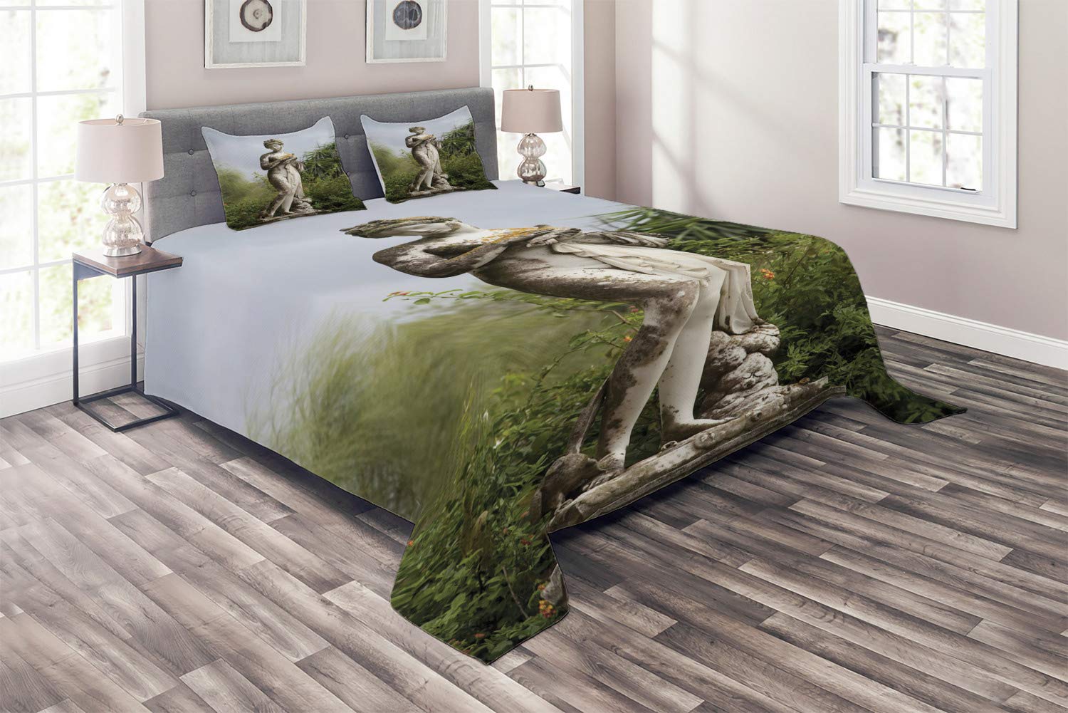 Ambesonne Architecture Quilt Set - Sculptured Greenery at Achillion Palace Corfu Island Design, 3-Piece King Size Bedspread with 2 Pillow Shams, Green Beige - Perfect for Master Bedroom Decor, Guest Room Makeover & Mediterranean Style Home Interiors