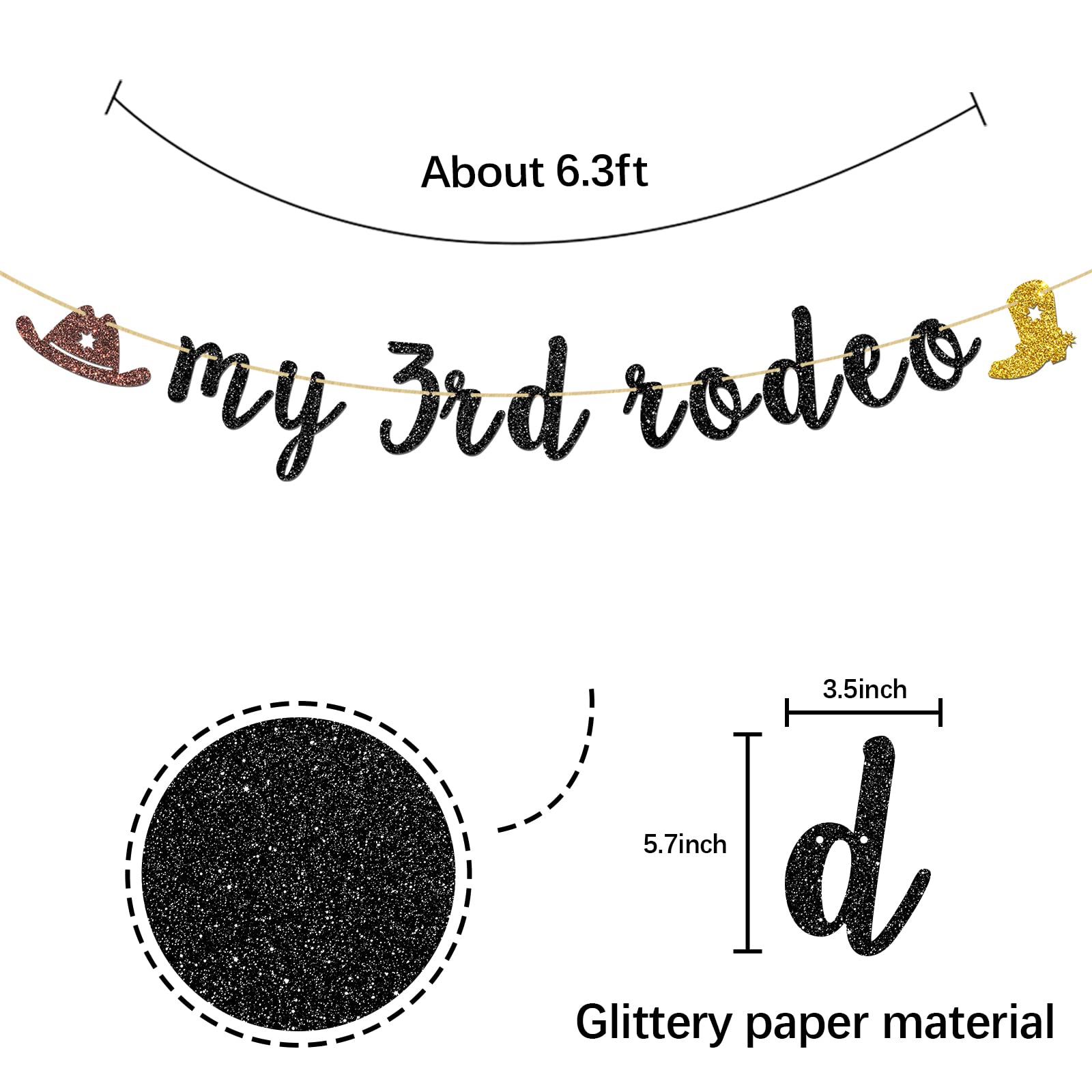 INNORU My 3rd Rodeo Banner - Mexican Themed 3rd Birthday Party Decorations for Cowboy & Cowgirl Western Party - Black Glitter Backdrop for Wild West Birthday Celebrations & Photo Booth Backgrounds