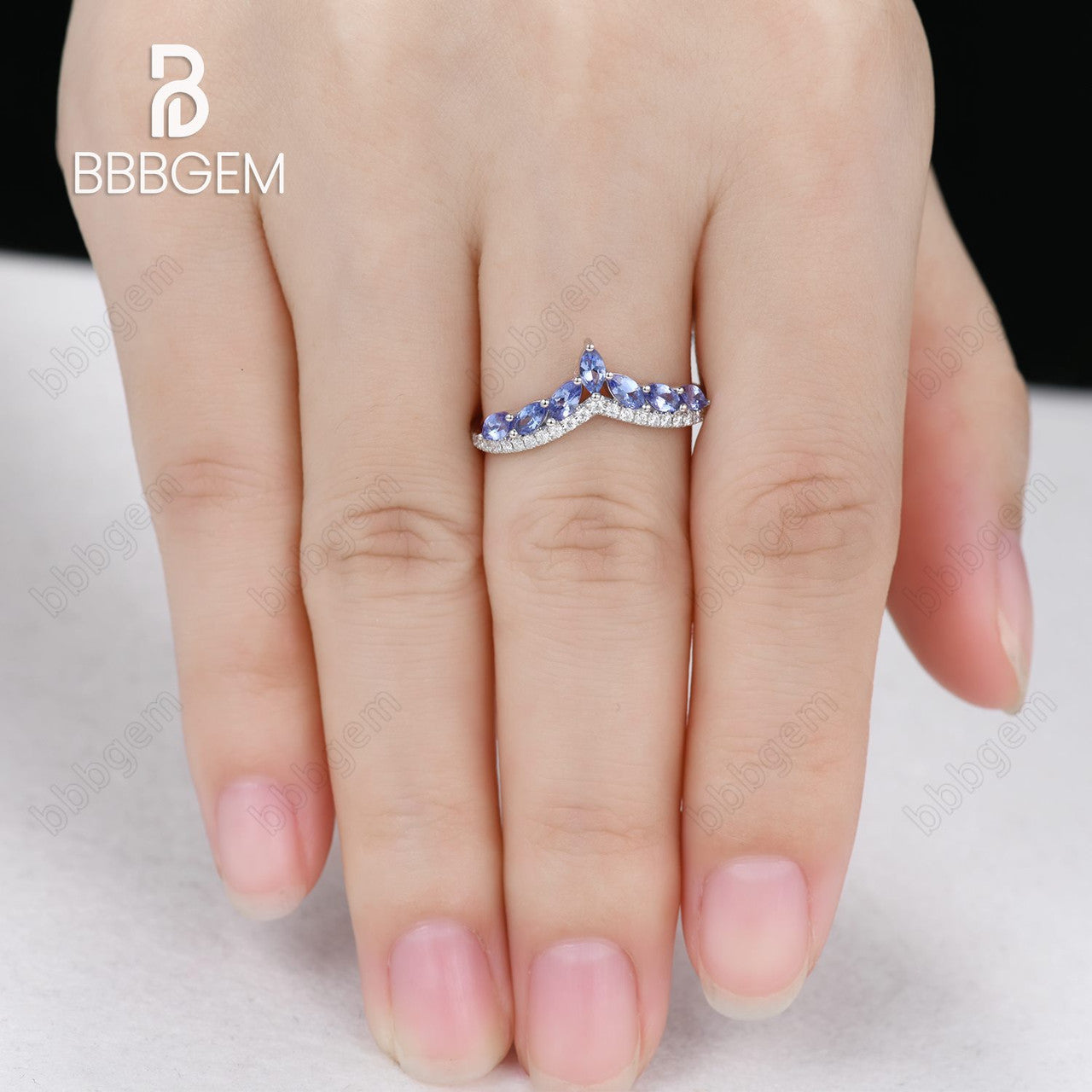 White Gold V-Shaped Chevron Band with Marquise Tanzanite & Moissanite Pave - Stackable Wedding Ring for Women, Perfect for Bridal Sets, Anniversary Gifts & Everyday Elegance