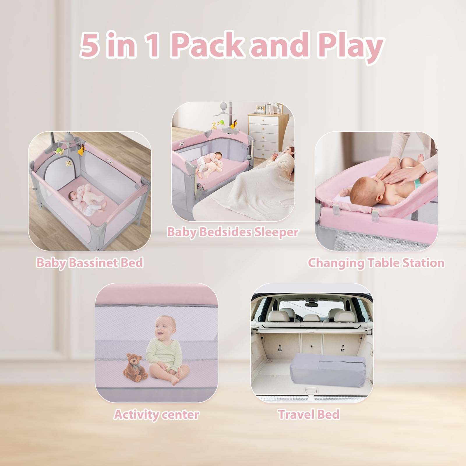 5-in-1 Baby Bassinet Bedside Crib with Adjustable Height, Portable Pack and Play Sleeper for Newborns & Infants - Perfect for Nursery, Bedroom Co-Sleeping & Travel (Pink)