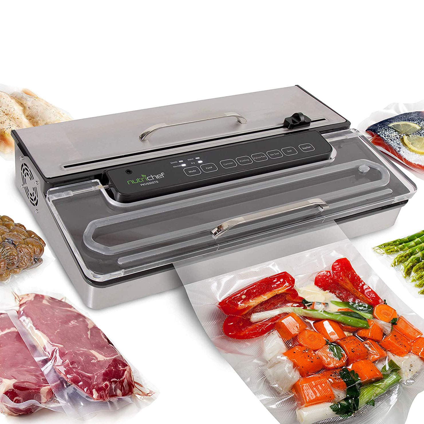 NutriChef PKVS50STS 400W Commercial Vacuum Sealer Machine - Automatic Double Piston Pump for Meat, Sous Vide & Food Preservation | Includes Dry/Wet Seal & Vacuum Roll Bags | Extra Large Silver Design | Perfect for Home Kitchens, Restaurants & Meal Prep Businesses