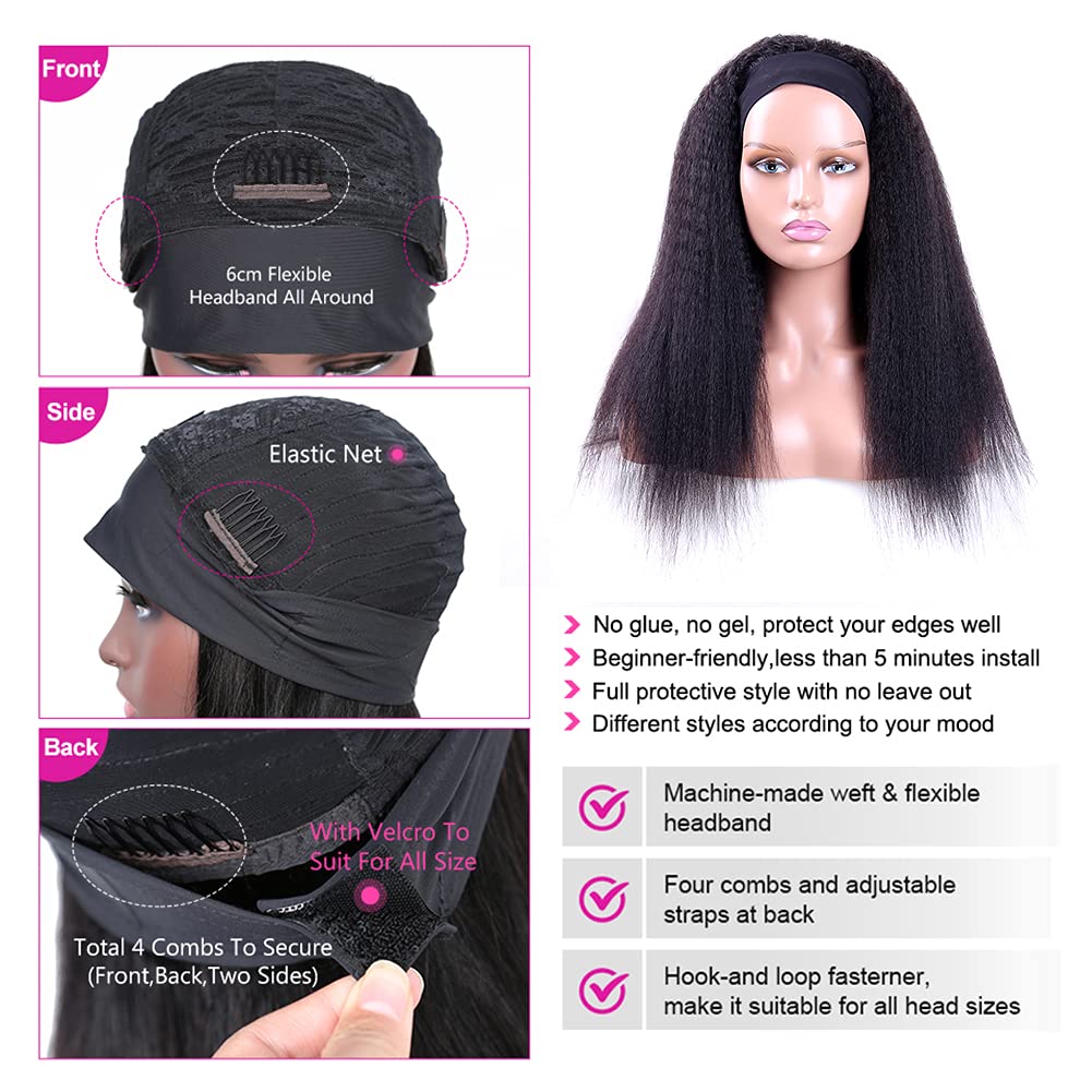30 Inch Kinky Straight Human Hair Wig - 180% Density 12A Grade Yaki Straight Headband Wig for Black Women | Natural Black Color Half Wig with Attached Headband | Perfect for Daily Wear, Parties & Protective Hairstyles