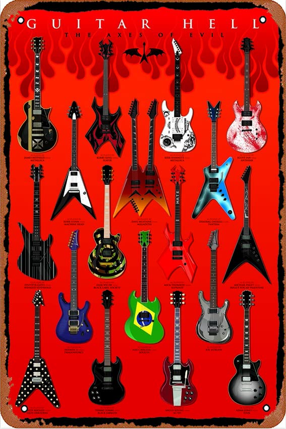 Vintage Metal Tin Sign - Guitar Hell Poster 'The Axes of Evil' 12x8 Inch | Retro Wall Art for Bars, Coffee Shops, Music Studios & Man Cave Decor - Perfect for Rock Music Lovers & Vintage Home Decor
