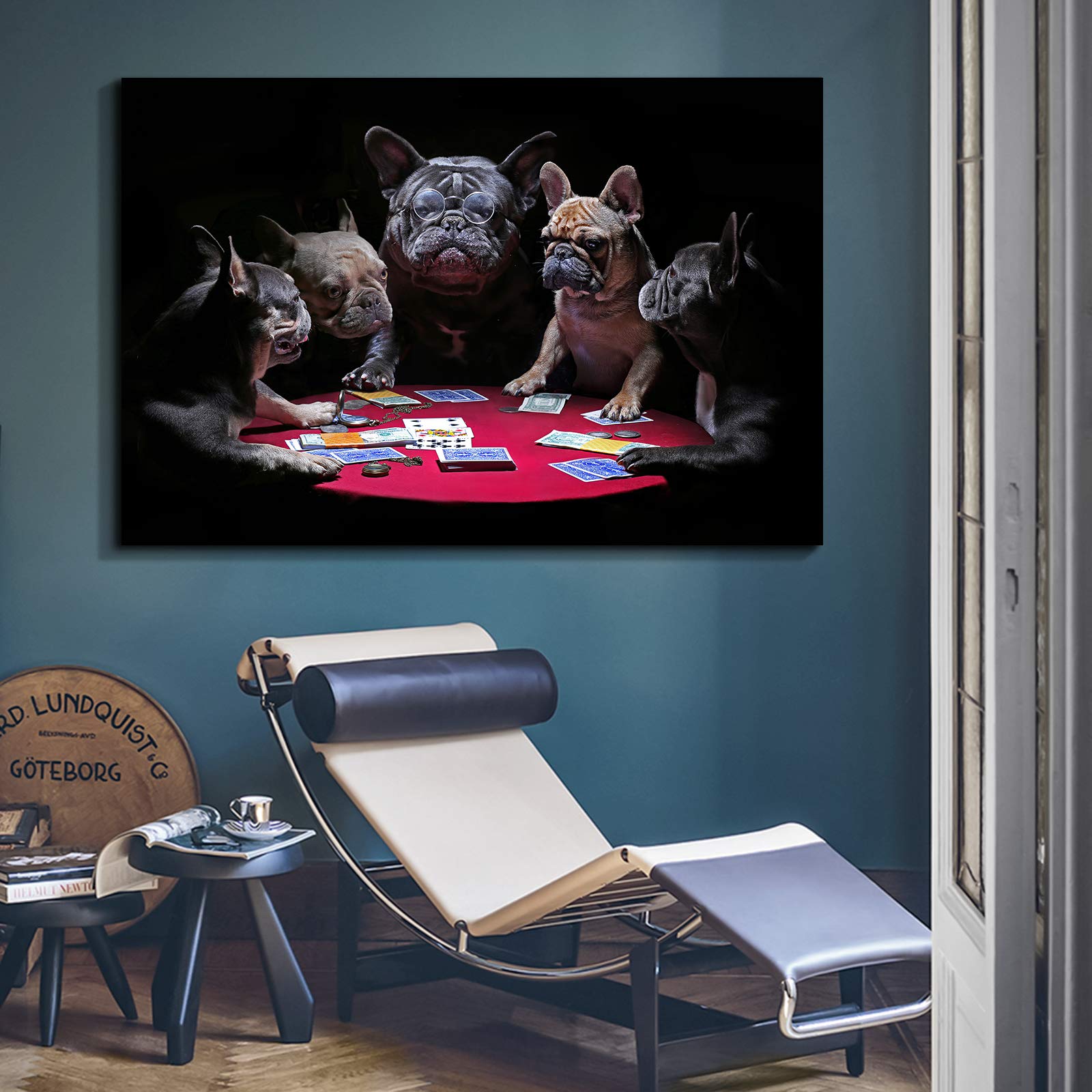 Denozer - Dogs Playing Poker by Cassius Marcellus Coolidge Oil Painting Reproduction - Premium Giclee Canvas Print Wall Art - Ready to Hang Gallery Wrap (48x32 inches) - Perfect for Man Cave, Game Room or Home Theater Decor