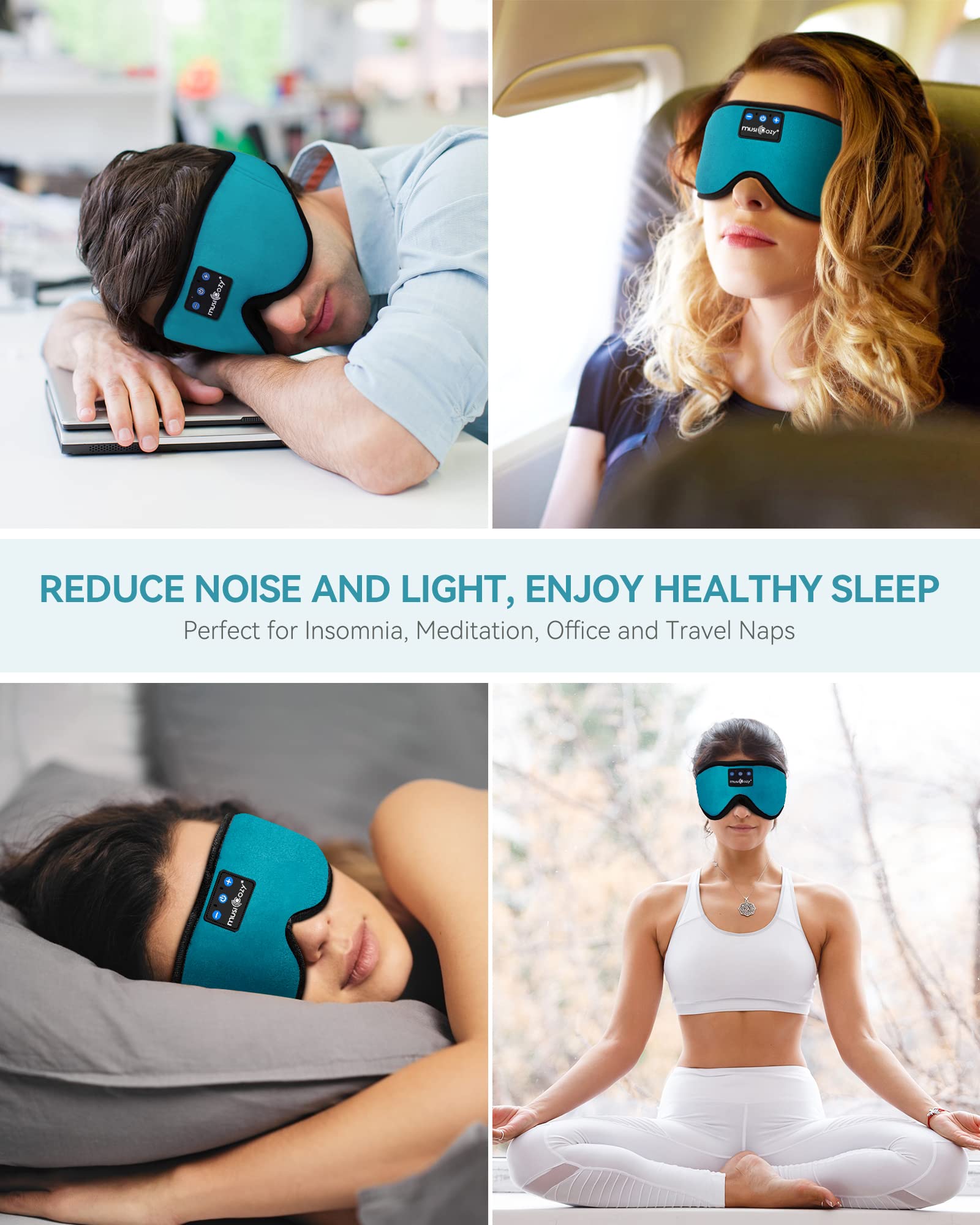 Musicozy 3D Bluetooth 5.2 Sleep Headphones Headband - Wireless Sleeping Mask with Ultra Thin Speakers, Microphone for Side Sleepers, Air Travel, Meditation, Yoga & Relaxation