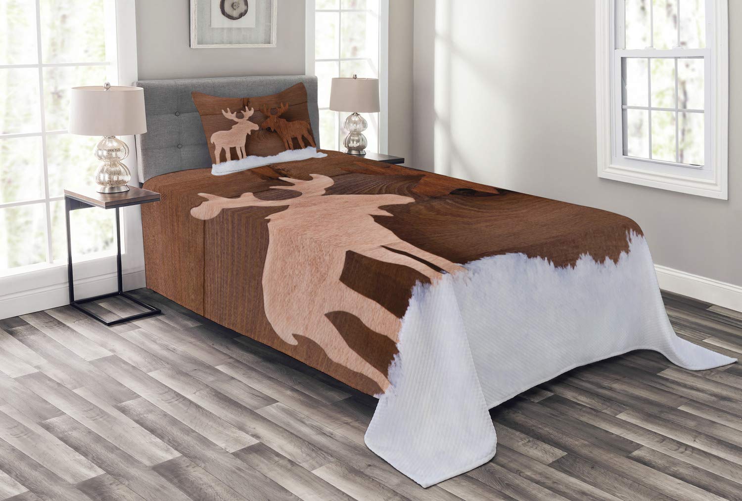 Lunarable Moose Bedspread Set - Vintage Style Elk Print Quilted Coverlet with Pillow Sham, Twin Size in Brown & Tan | Cozy Winter Bedding for Cabin, Lodge & Holiday Decor