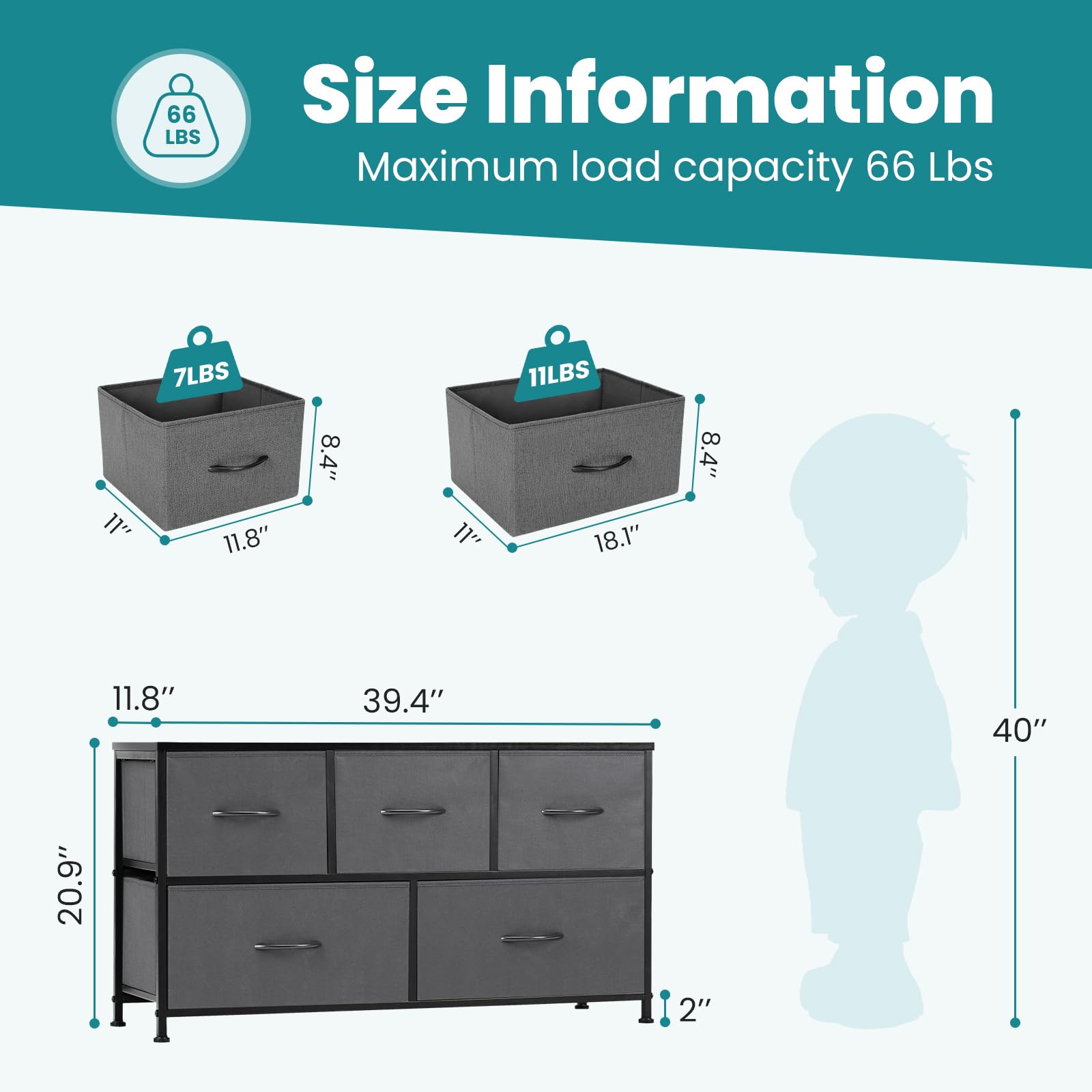 OLIXIS 5-Drawer Fabric Dresser for Bedroom - Wide Storage Chest with Drawer Organizers & Fabric Bins - Grey Closet Organizer for Bedroom, Living Room & Hallway - Perfect for Clothes, Toys & Home Organization