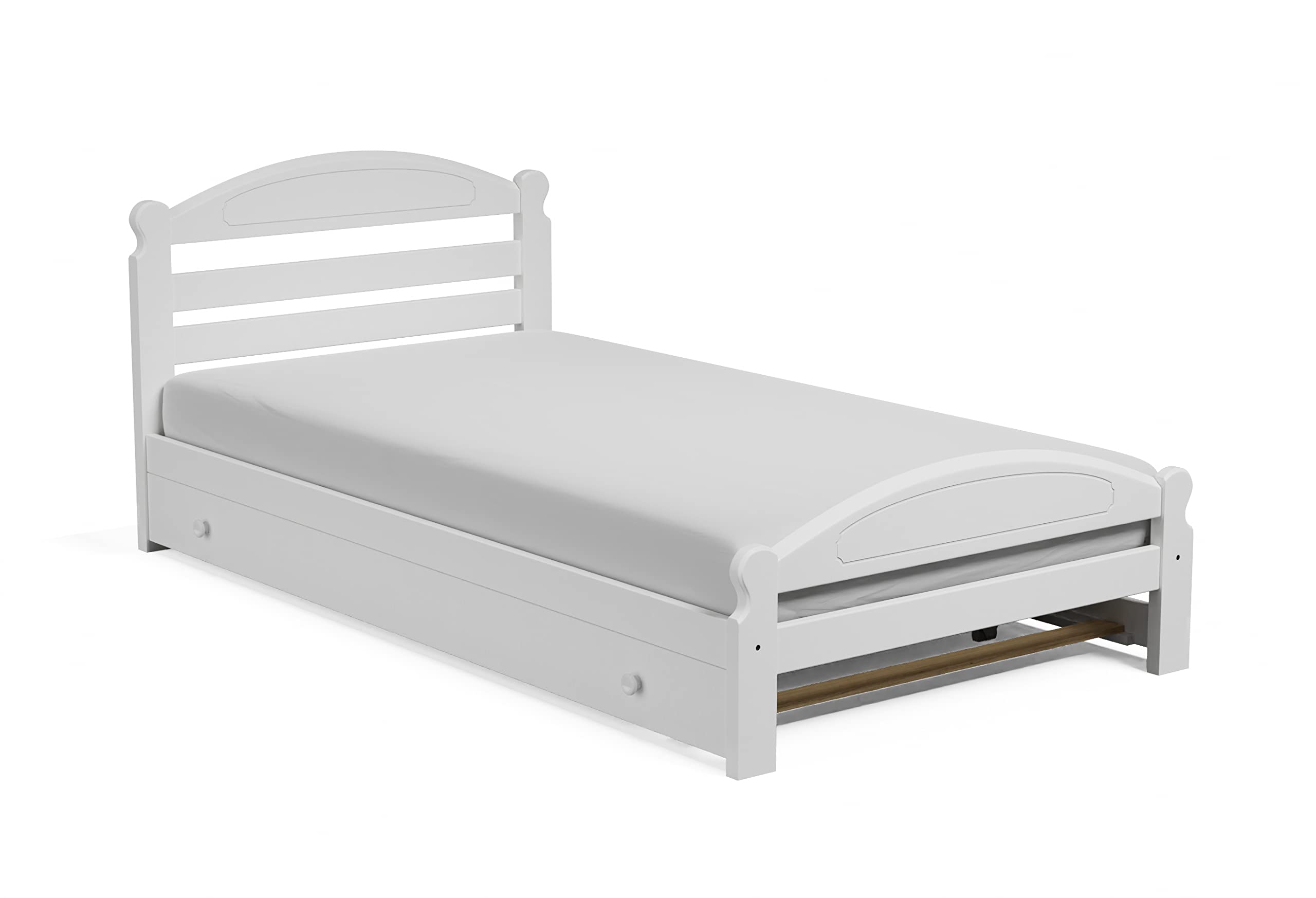 Twin Trundle Bed with Wooden Slats - Solid Pine Wood Frame, White Finish, 39