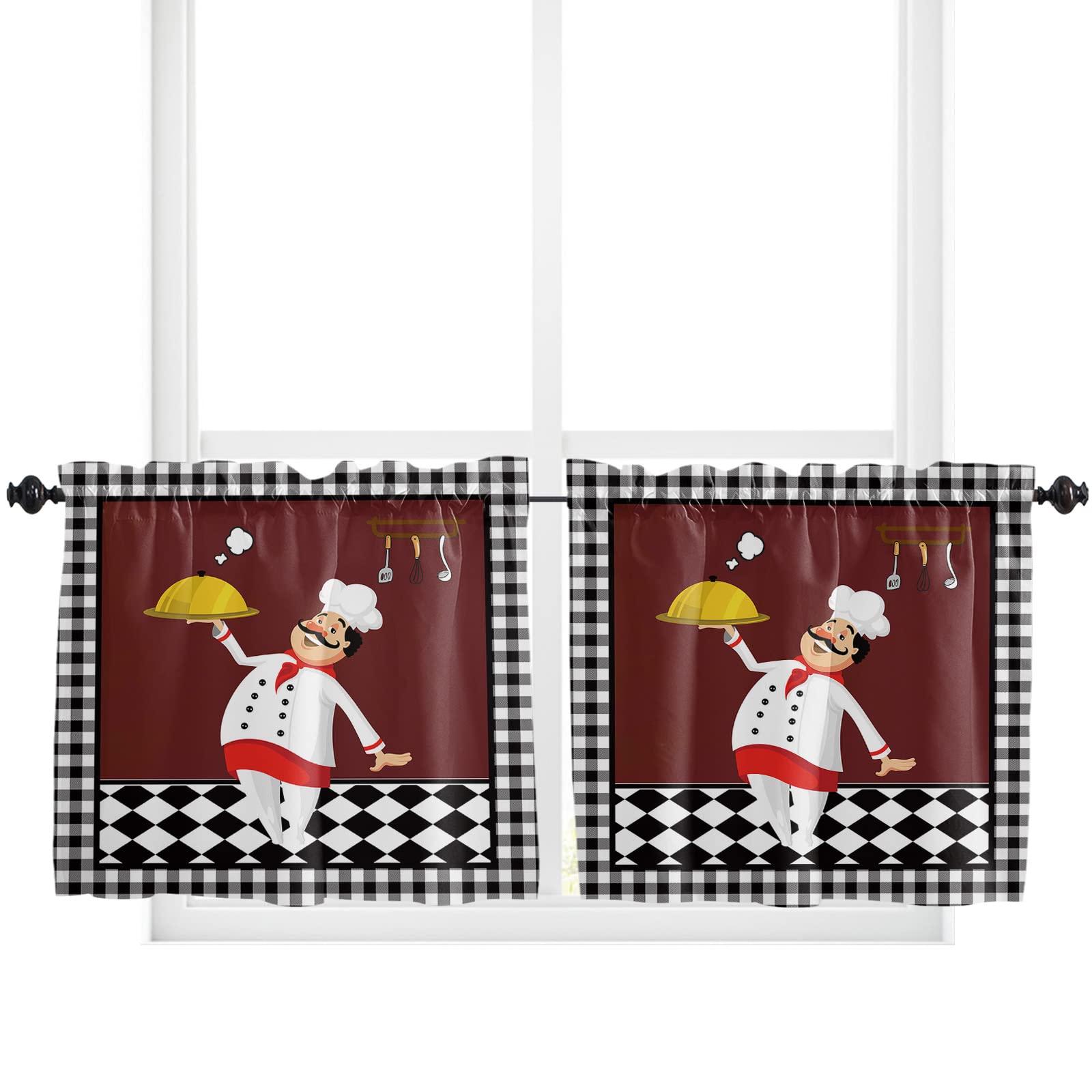 Fat Chef Kitchen Curtains 36 Inch Short - Black & White Buffalo Plaid Checkered Cafe Curtain Set (2 Panels) | Rod Pocket Window Treatment for Kitchen Decor | Perfect for Farmhouse, Rustic, or Modern Kitchen Styles