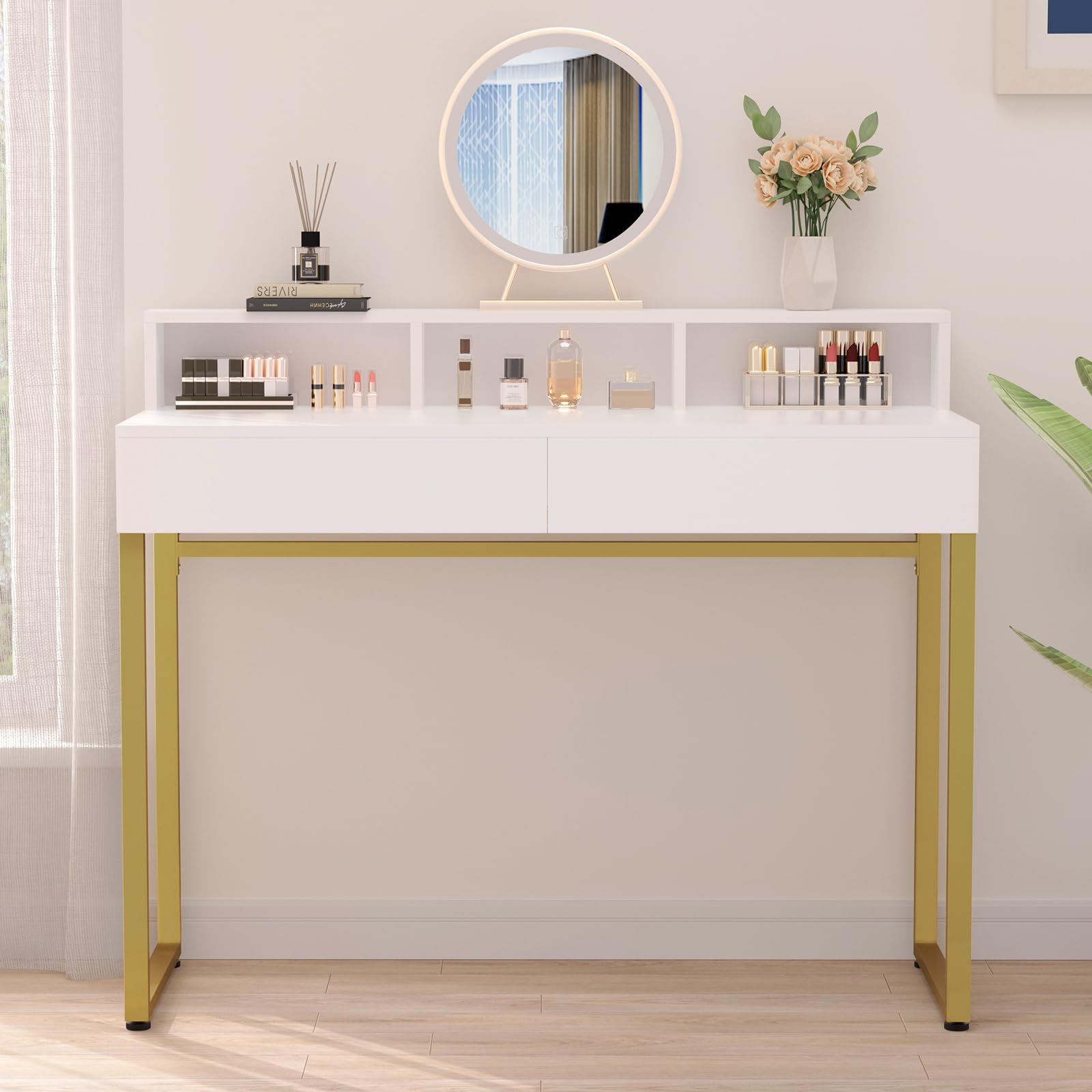 Modern White Vanity Desk with Drawers & Gold Legs for Bedroom & Home Office