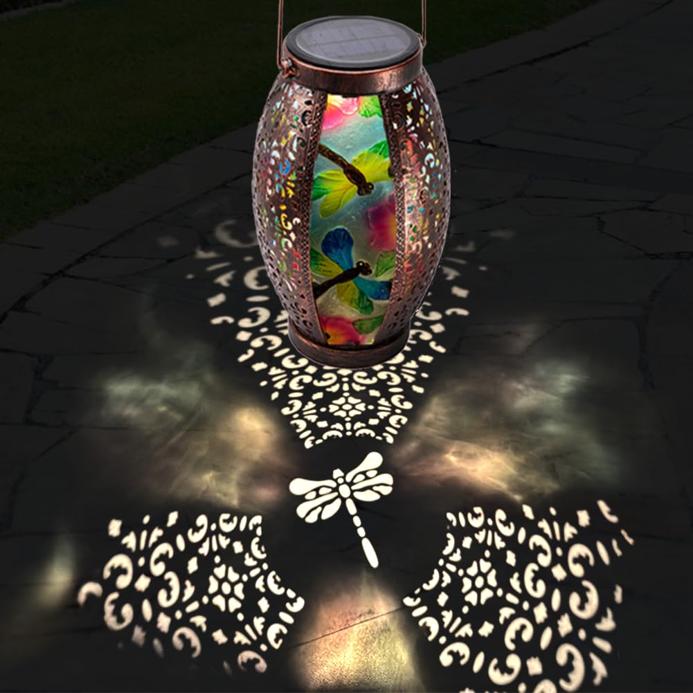Outdoor Solar Lantern with Hollowed-Out Dragonfly Design - Waterproof Glass & Metal Hanging Light for Patio, Garden, Tabletop - Solar Powered Decorative Lighting for Outdoor Parties, Camping, and Backyard Decor