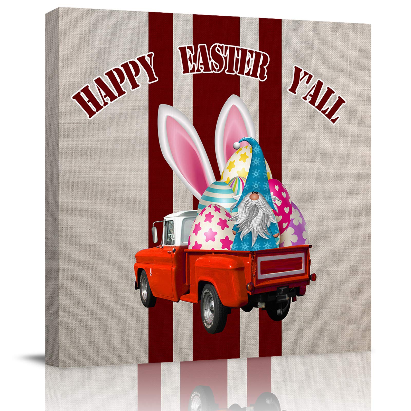 Farm Truck with Easter Eggs Abstract Oil Painting Canvas Wall Art - Rustic Retro Stretched Framed Poster for Living Room, Kitchen, Bedroom Decor | Perfect for Farmhouse, Country Style Home & Easter Holiday Decoration
