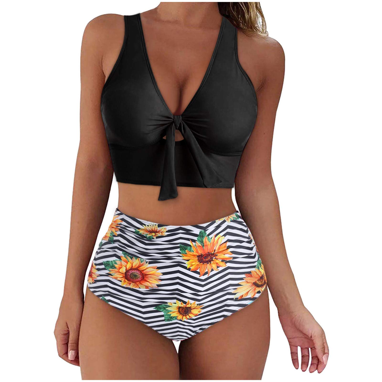 Women's Push-Up Padded Halter Bikini Set - Floral Triangle Bandage Top & Sunflower Print Bottoms | Sexy Swimwear for Beach, Pool Party & Vacation