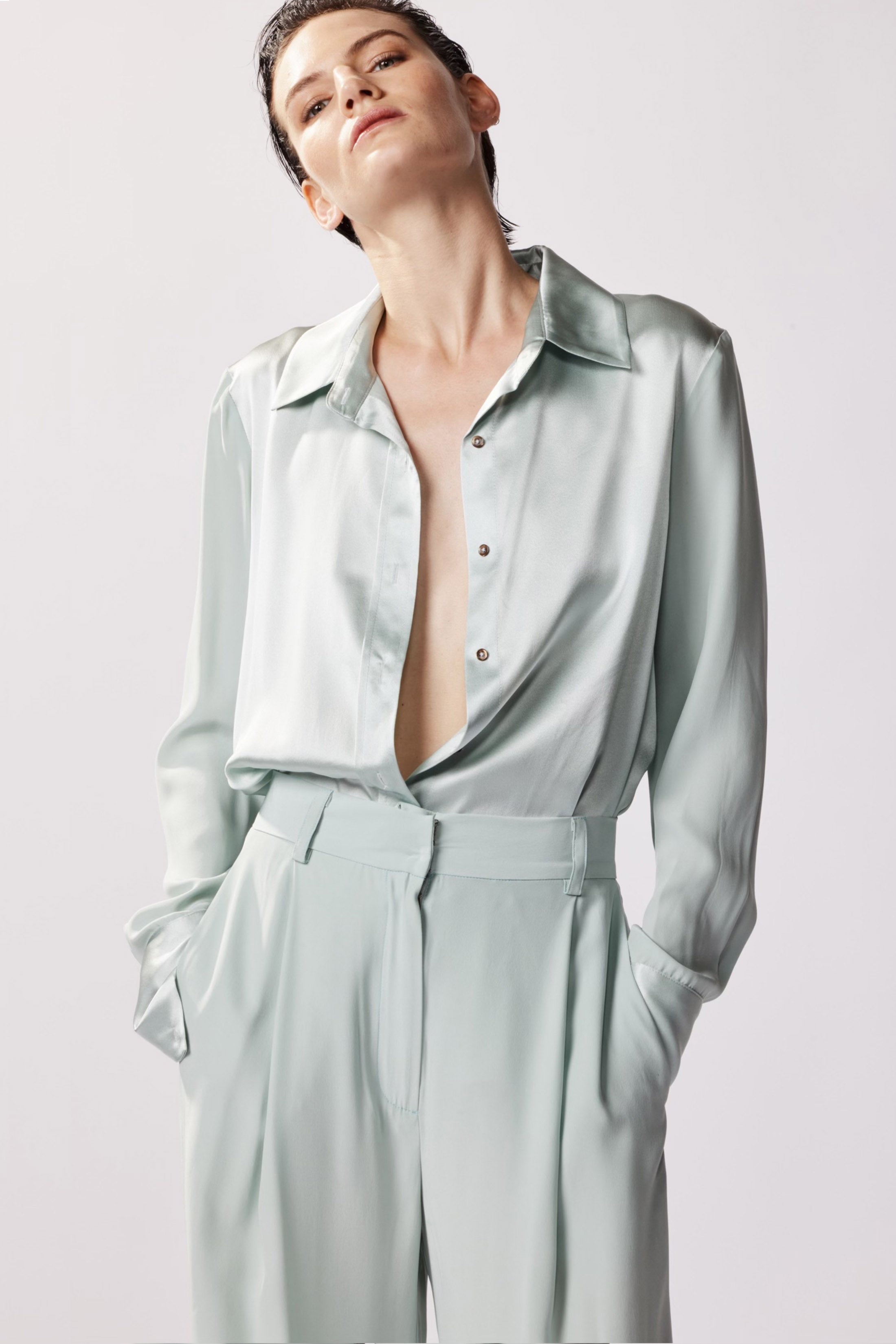 Silk Slim Fit Button Up Shirt for Women - Elegant Seafoam Green Blouse for Office, Date Night & Special Occasions