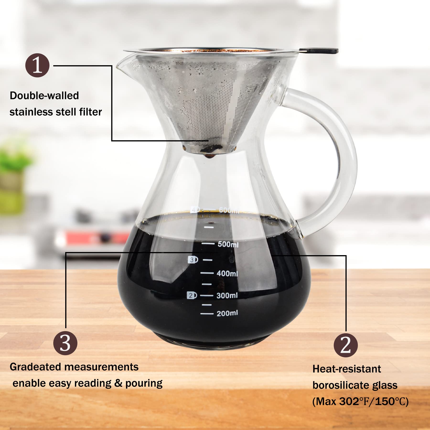 Premium T-mark Pour Over Coffee Maker with Reusable Stainless Steel Filter - 600ml BPA-Free Glass Carafe - Ideal for Home, Office & Camping Brewing