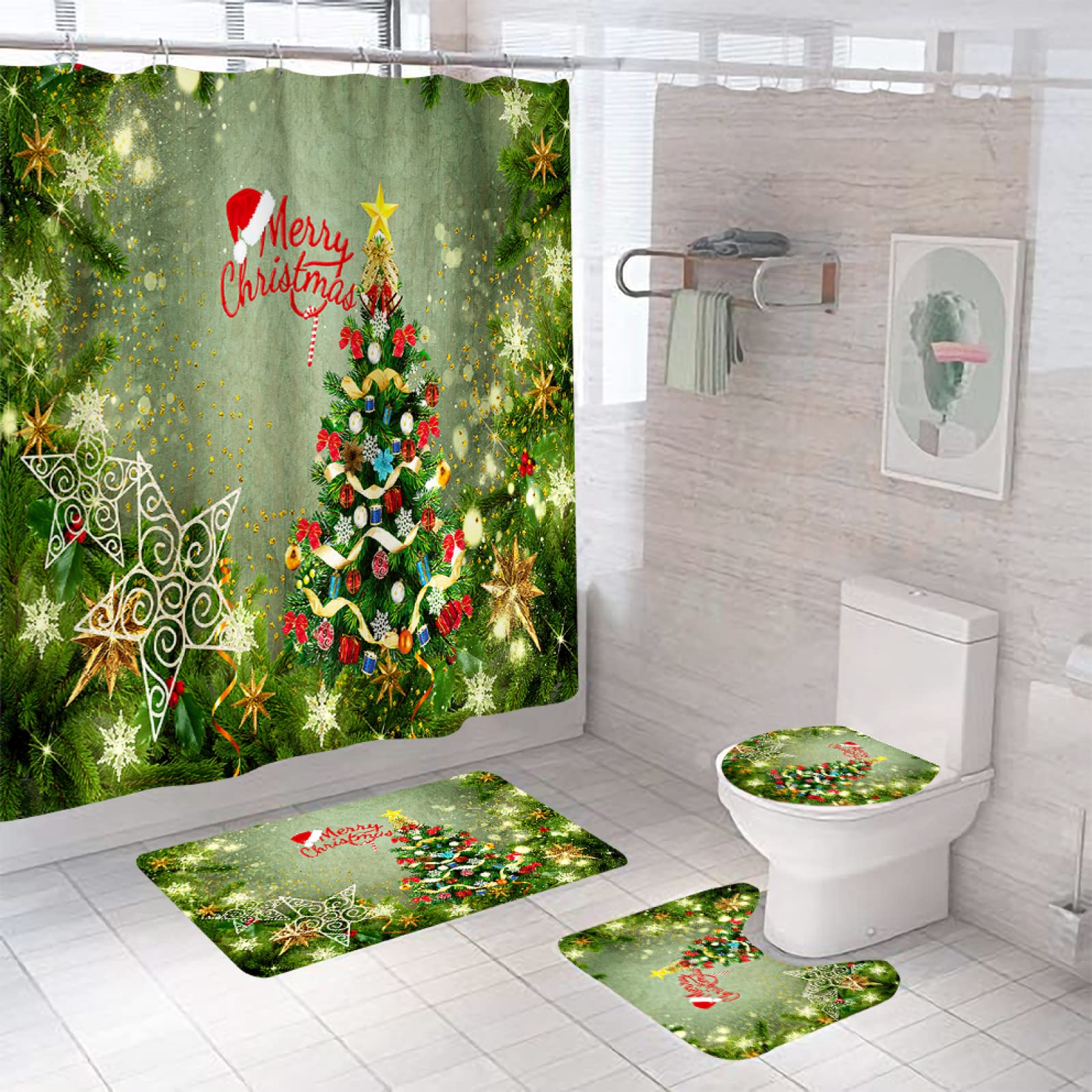 Christmas Bathroom Set with Waterproof Shower Curtain, Non-Slip Bath Mat & 12 Hooks - Green Holiday Bathroom Decor for Festive Home Decorating