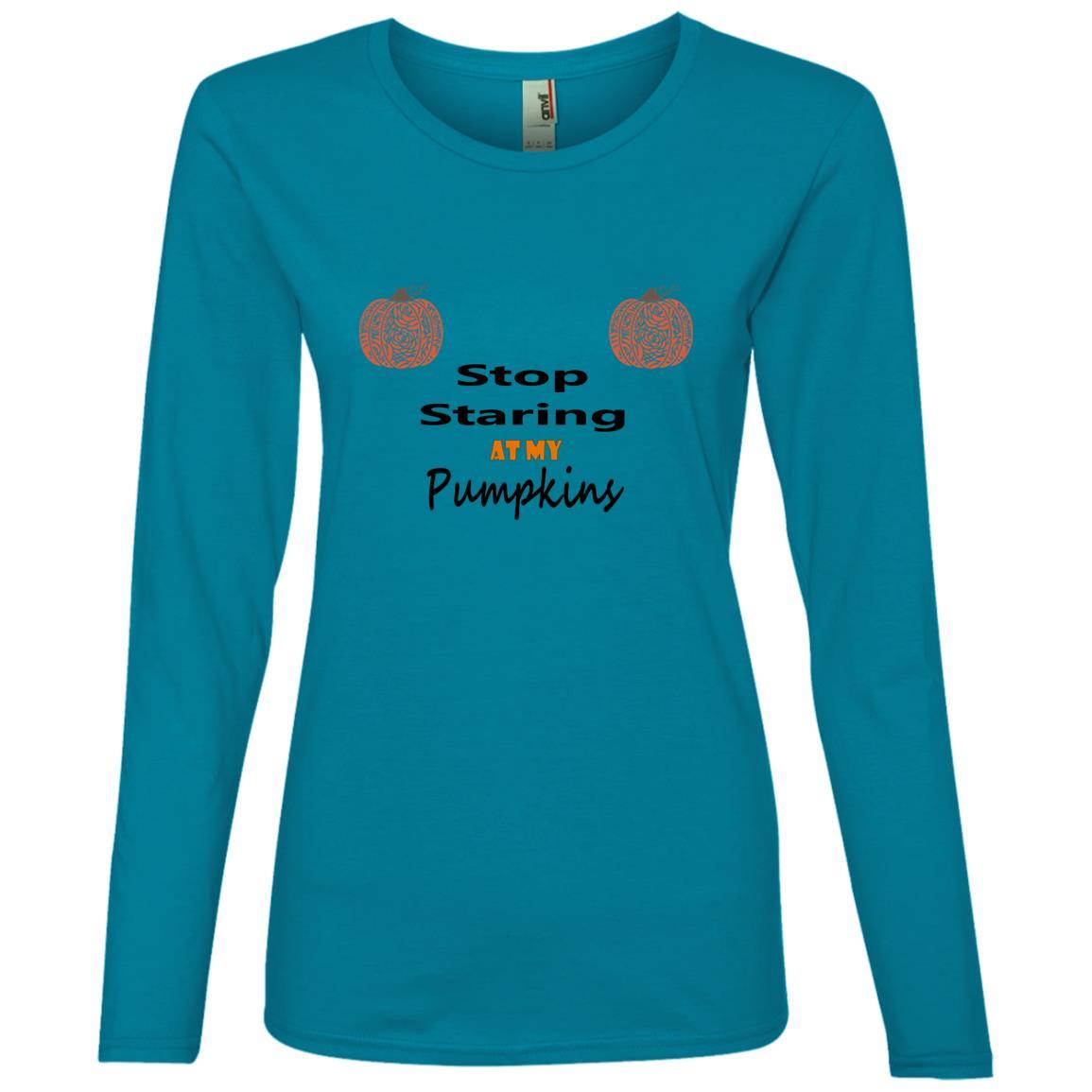 WineyBitches.Co Stop Staring At My Pumpkins Women's Lightweight Long Sleeve T-Shirt - Casual Fall Fashion for Pumpkin Patch Visits & Halloween Parties