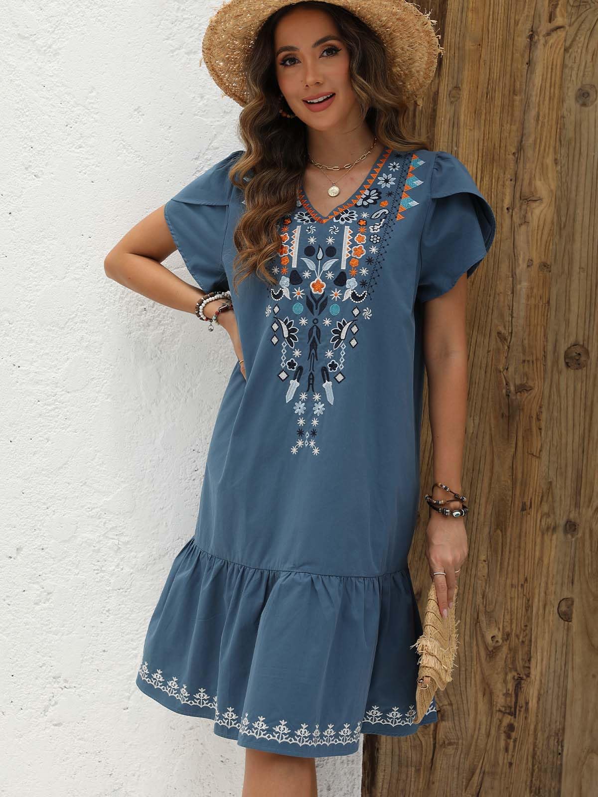 LauraKlein Women's Summer Floral Embroidered Boho Dress with Ruffled Sleeves - Mexican Peasant Style Casual Maxi Dress for Beach, Vacation & Outdoor Parties