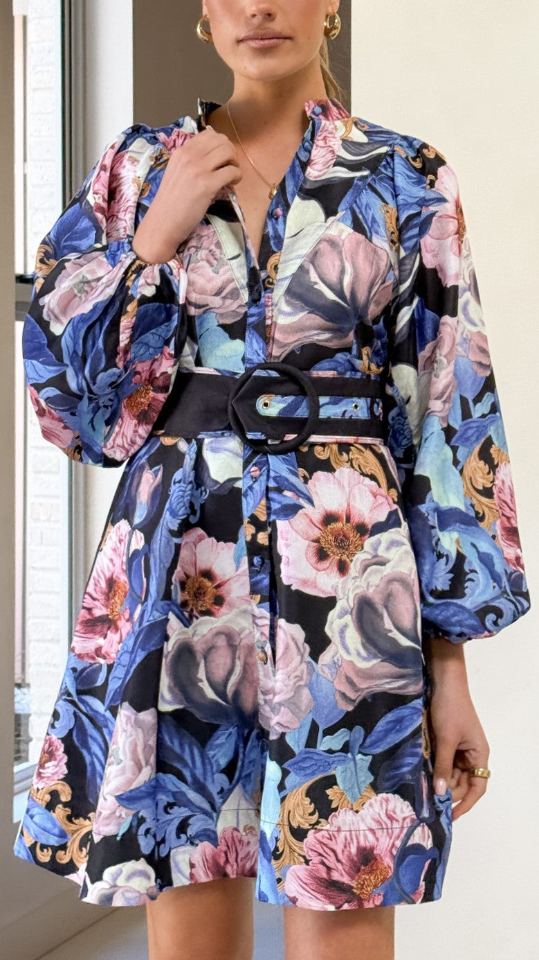 Katy Mini Dress - Azure Blue Floral Summer Dress for Women | Casual & Party Wear | Perfect for Beach, Vacation & Date Nights