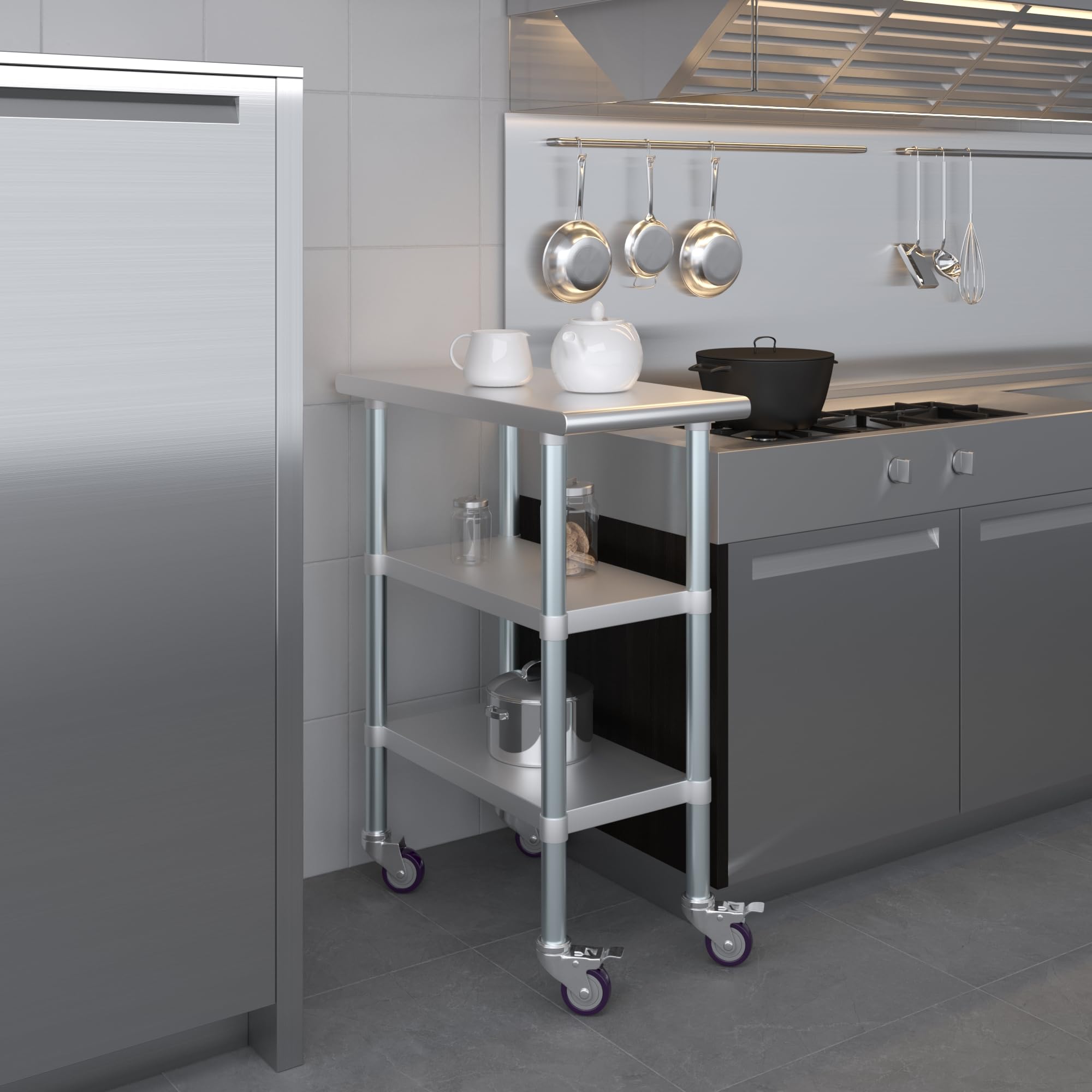AmGood Stainless Steel Work Table with 2 Shelves & Wheels - 15x30 Inch Heavy Duty Metal Utility Table for Kitchen, Restaurant, or Garage | Commercial-Grade Rolling Workstation with Casters
